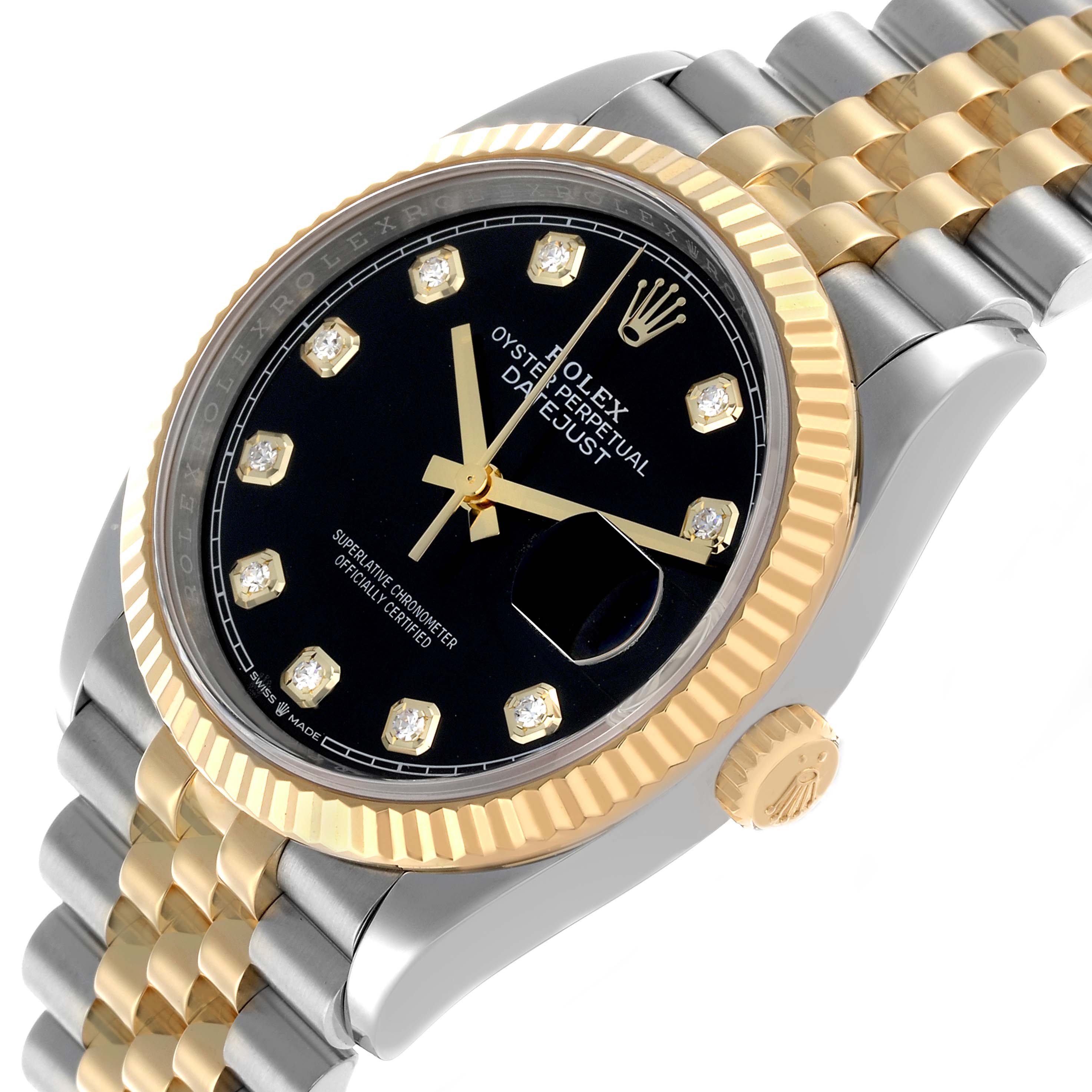 The Rolex Datejust 126233 Men's Steel and Gold (two tone) Black Dial watch is angled to show the dial, bezel, bracelet, and crown.