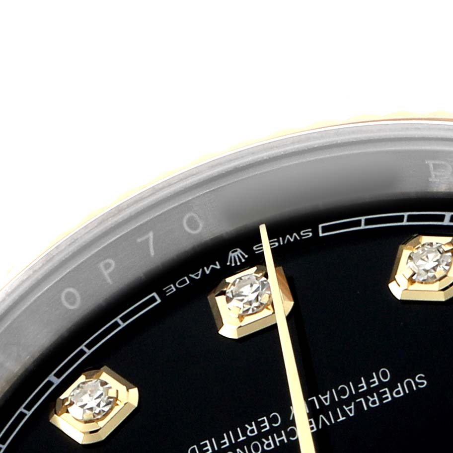 The image shows a close-up of the Rolex Datejust 126233 Men's Steel and Gold (two tone) Black Dial watch face, highlighting diamond hour markers and the "Swiss Made" text.