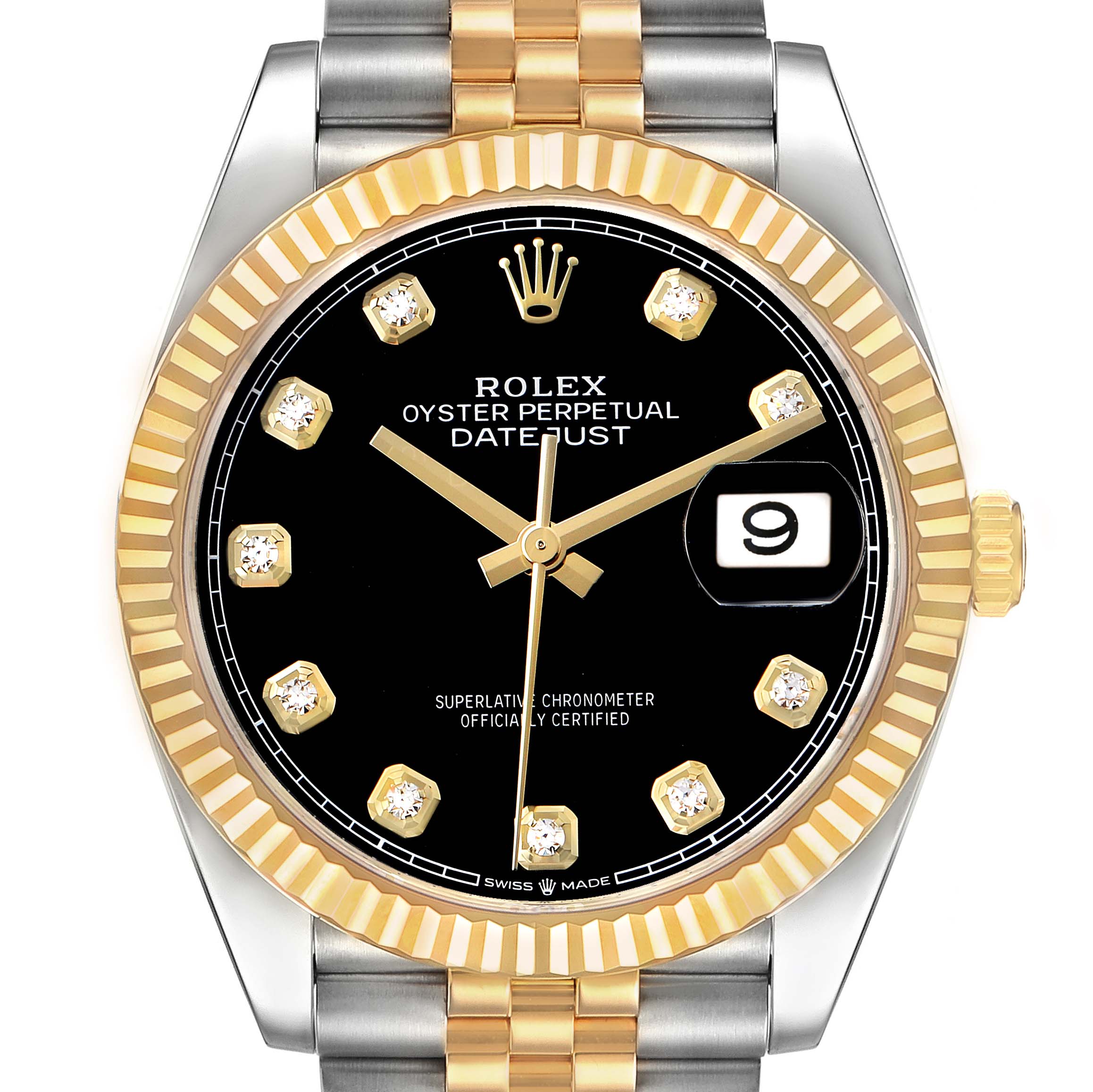 The Rolex Datejust 126233 Men's Steel and Gold (two tone) Black Dial is shown from the front, highlighting its black dial, gold bezel, and date window.