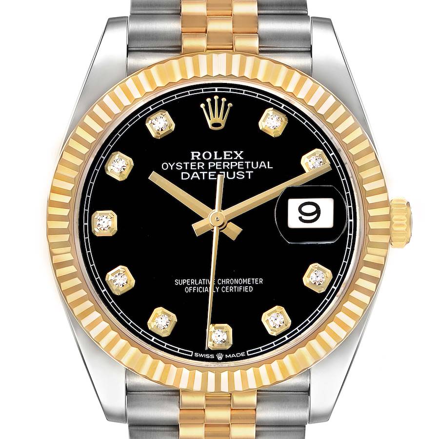 The Rolex Datejust 126233 Men's Steel and Gold (two tone) Black Dial is shown from the front, highlighting its black dial, gold bezel, and date window.