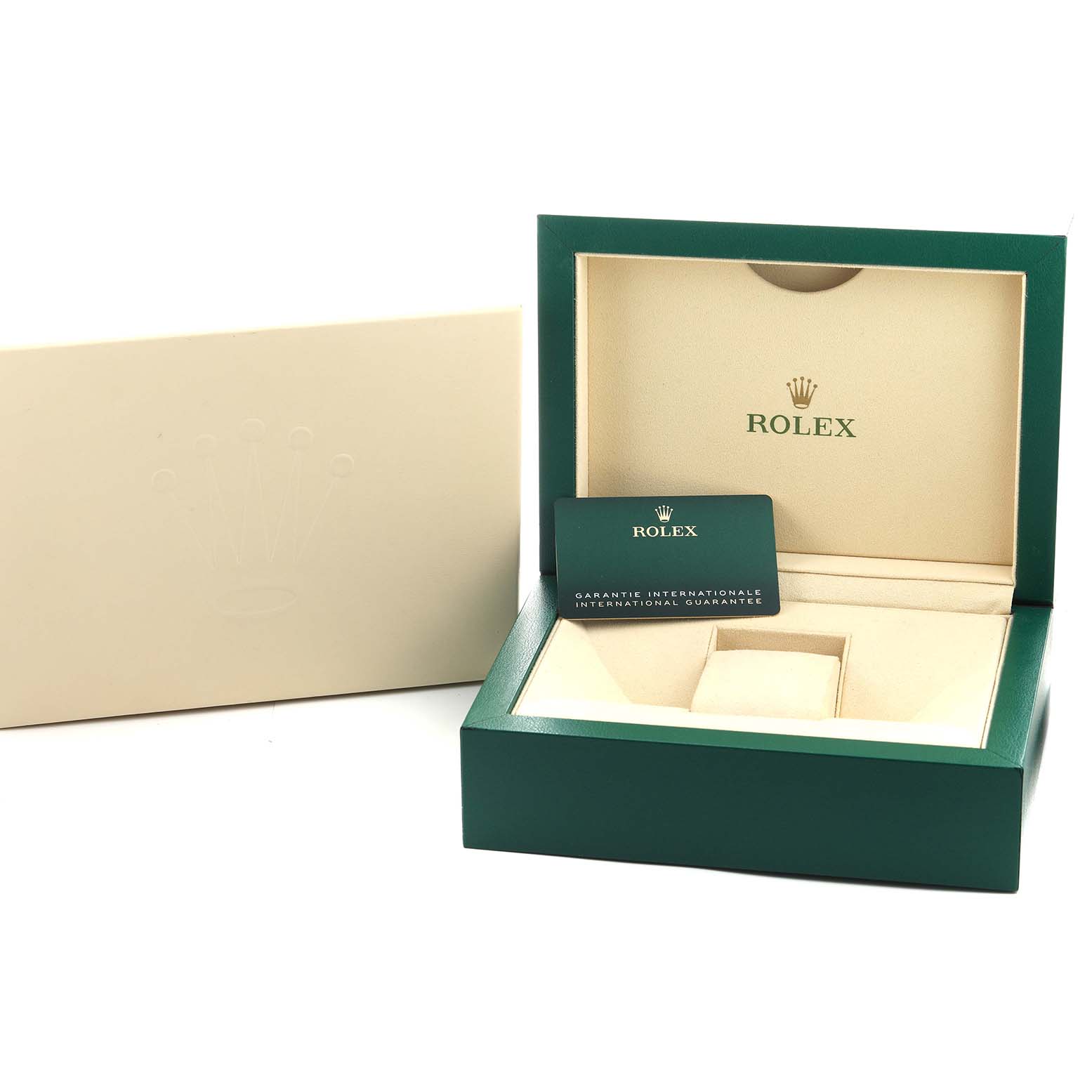 The image shows the open box and warranty card for a Rolex Datejust 126233 Men's Steel and Gold (two tone) Black Dial watch, viewed from an angle slightly above eye level.