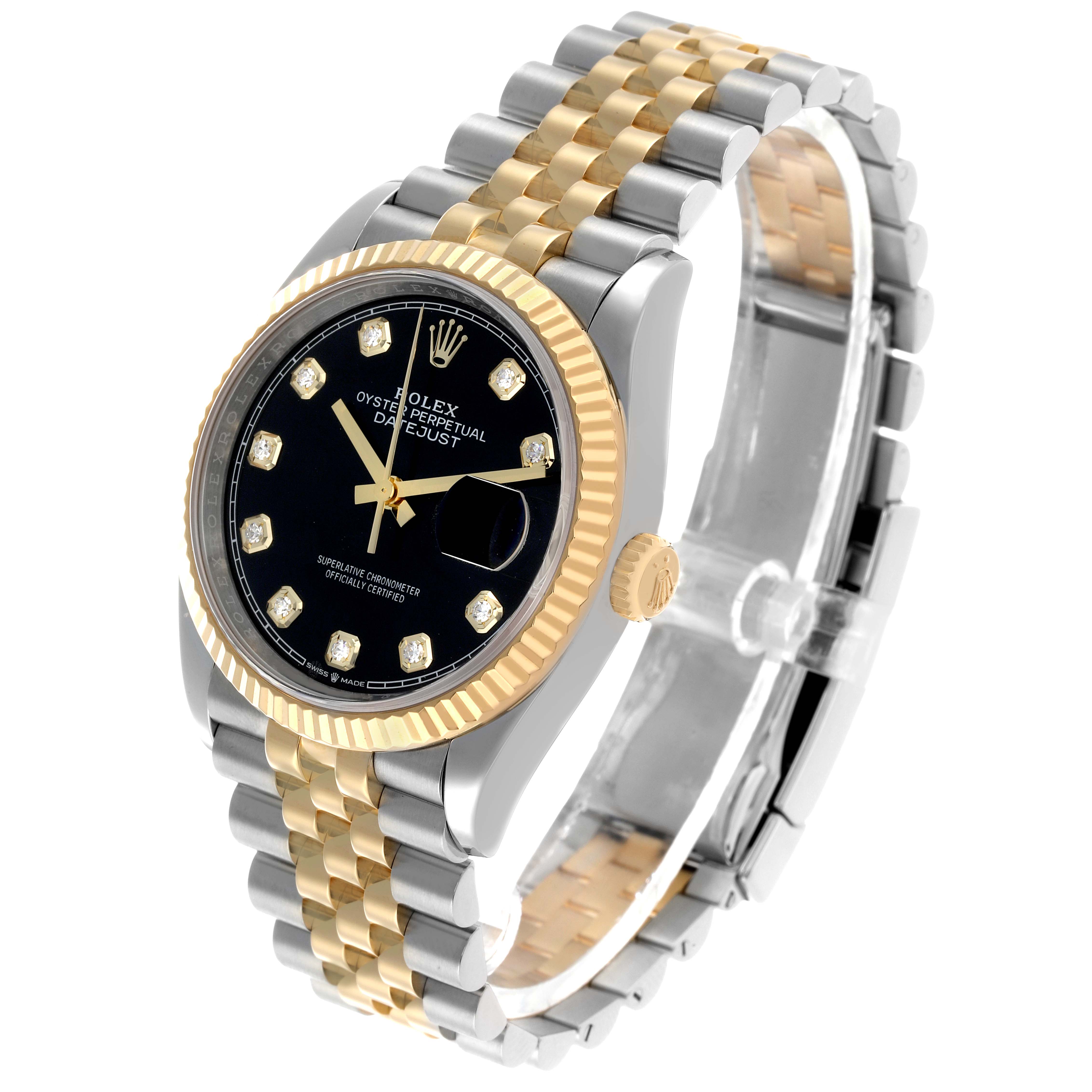 The Rolex Datejust 126233 Men's Steel and Gold (two tone) Black Dial watch is shown at a three-quarter angle, displaying the dial, bezel, crown, and part of the bracelet.