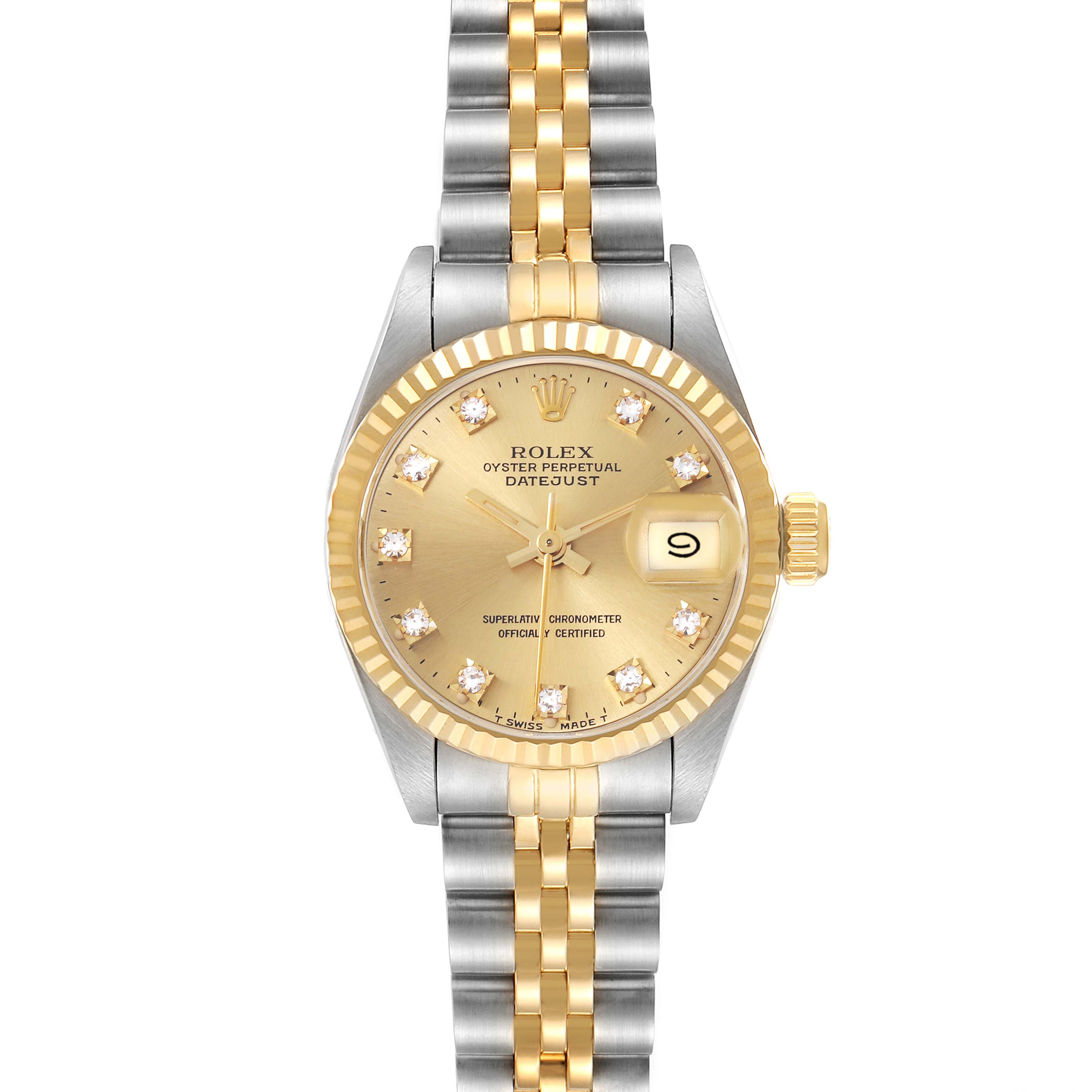 The Rolex Datejust 69173 Women's Steel and Gold (two tone) Champagne Dial 69173 Women's Steel and Gold (two tone) Champagne Dial watch is shown from the front, highlighting the dial, bezel, bracelet, and date window.