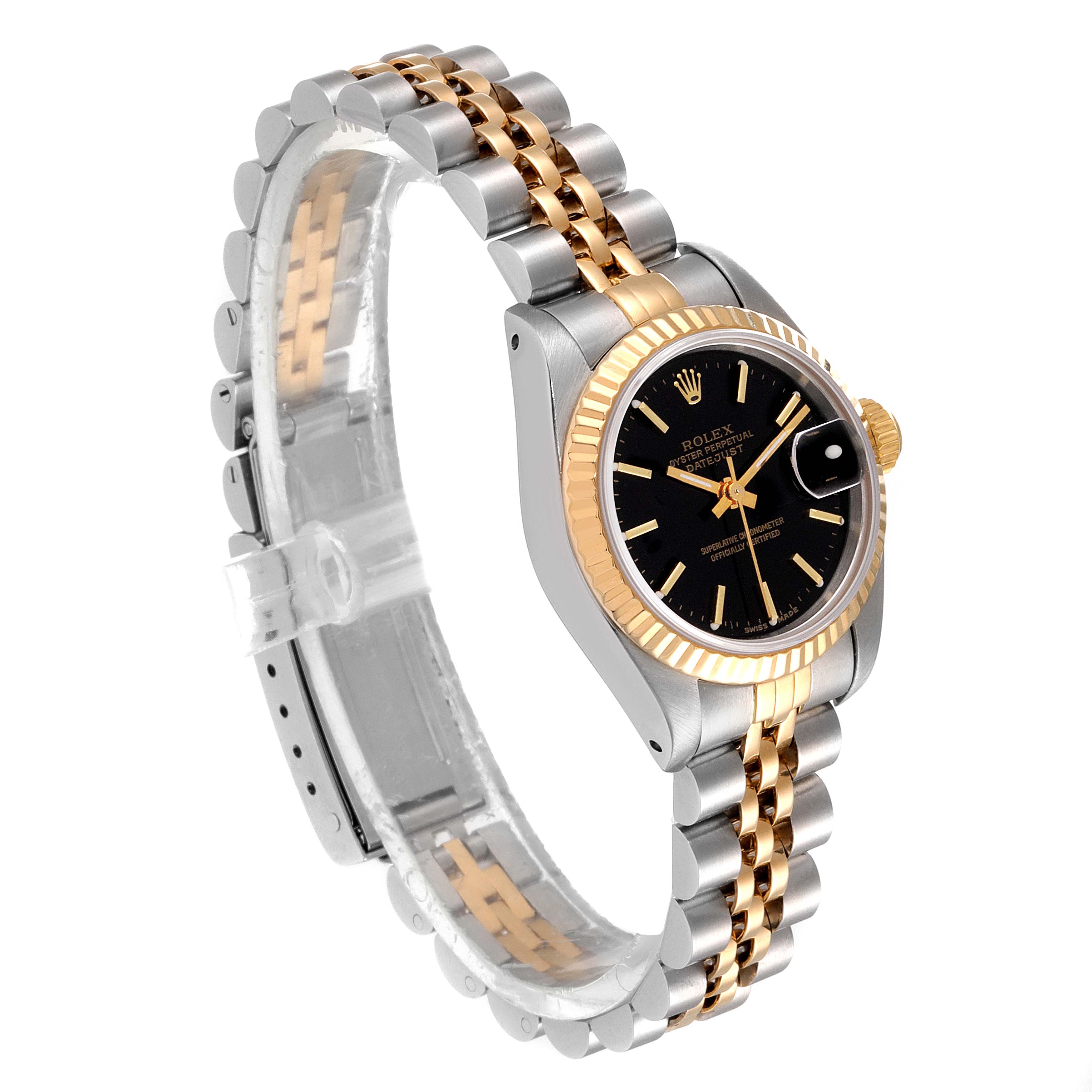 The image shows a Rolex Datejust 69173 Women's Steel and Gold (two tone) Black Dial 69173 Women's Steel and Gold (two tone) Black Dial watch at an oblique angle, highlighting its two-tone bracelet, black dial, and fluted bezel.