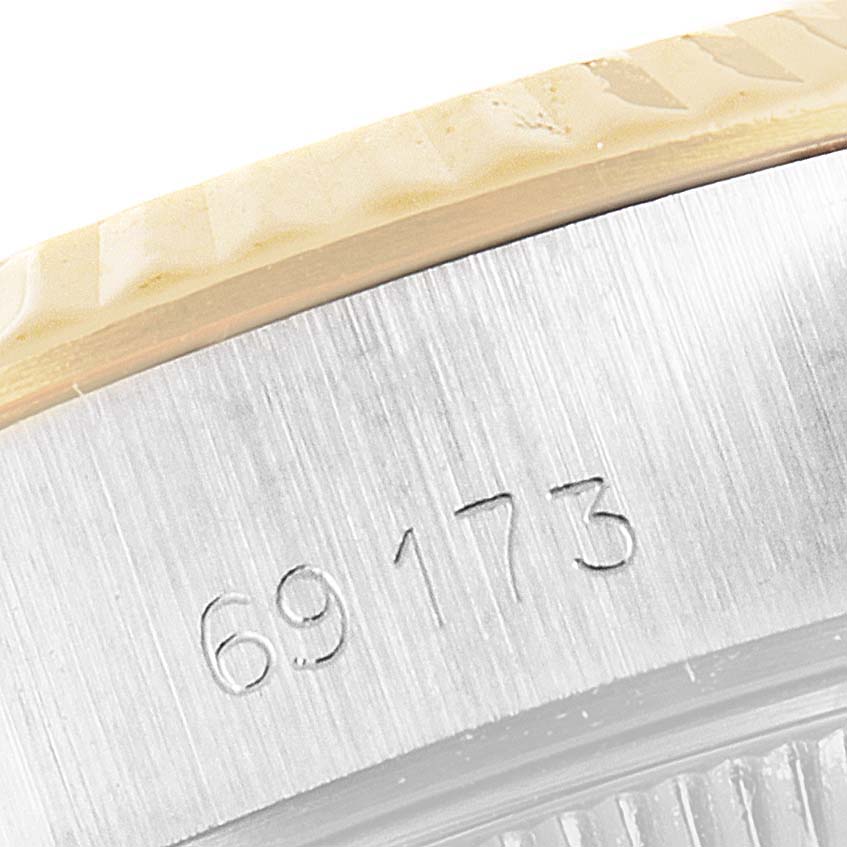 The image shows a close-up of the case back of a Rolex Datejust 69173 Women's Steel and Gold (two tone) Black Dial 69173 Women's Steel and Gold (two tone) Black Dial model, including the reference number 69173.