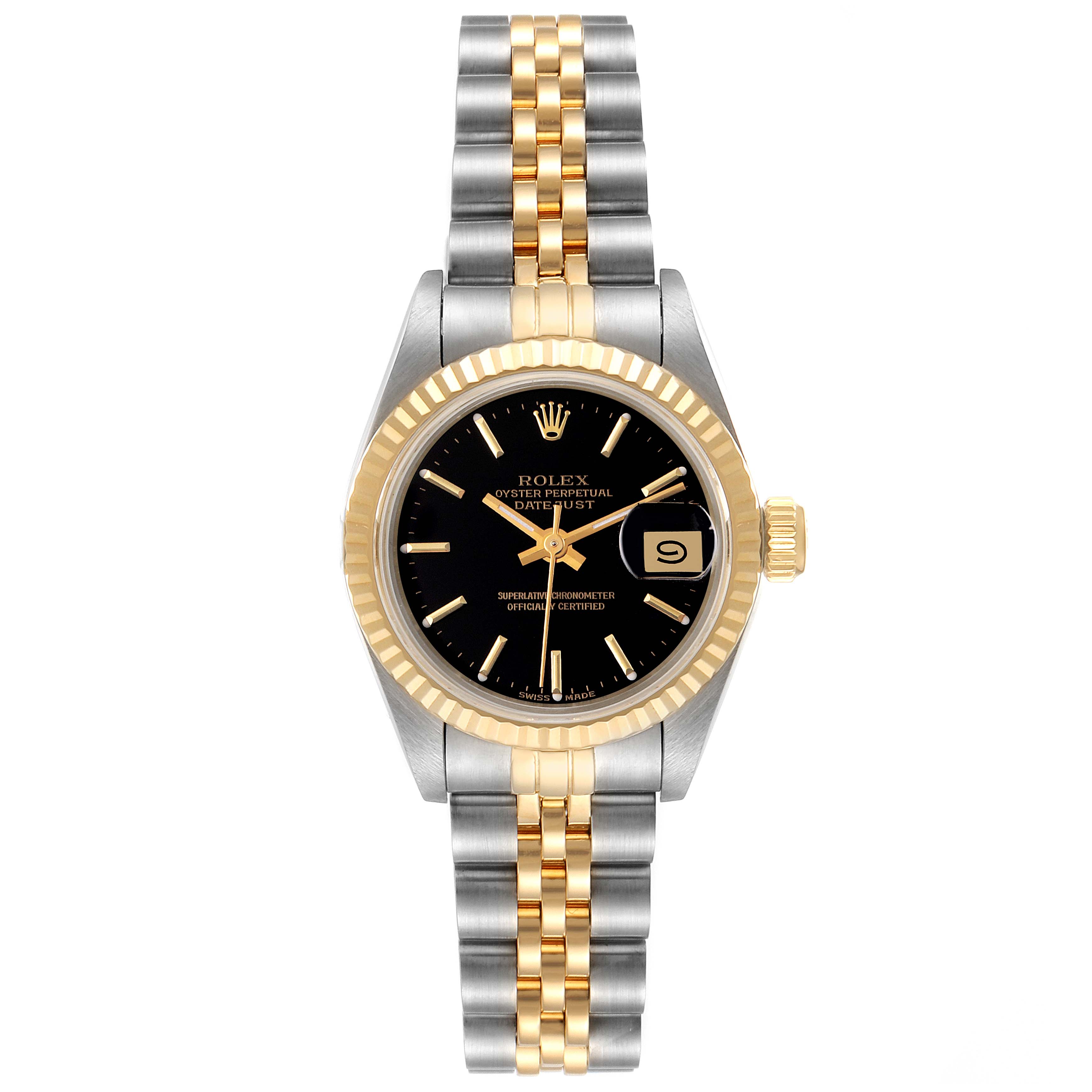 The image shows a Rolex Datejust 69173 Women's Steel and Gold (two tone) Black Dial 69173 Women's Steel and Gold (two tone) Black Dial watch from the front, displaying the face, bezel, and bracelet.