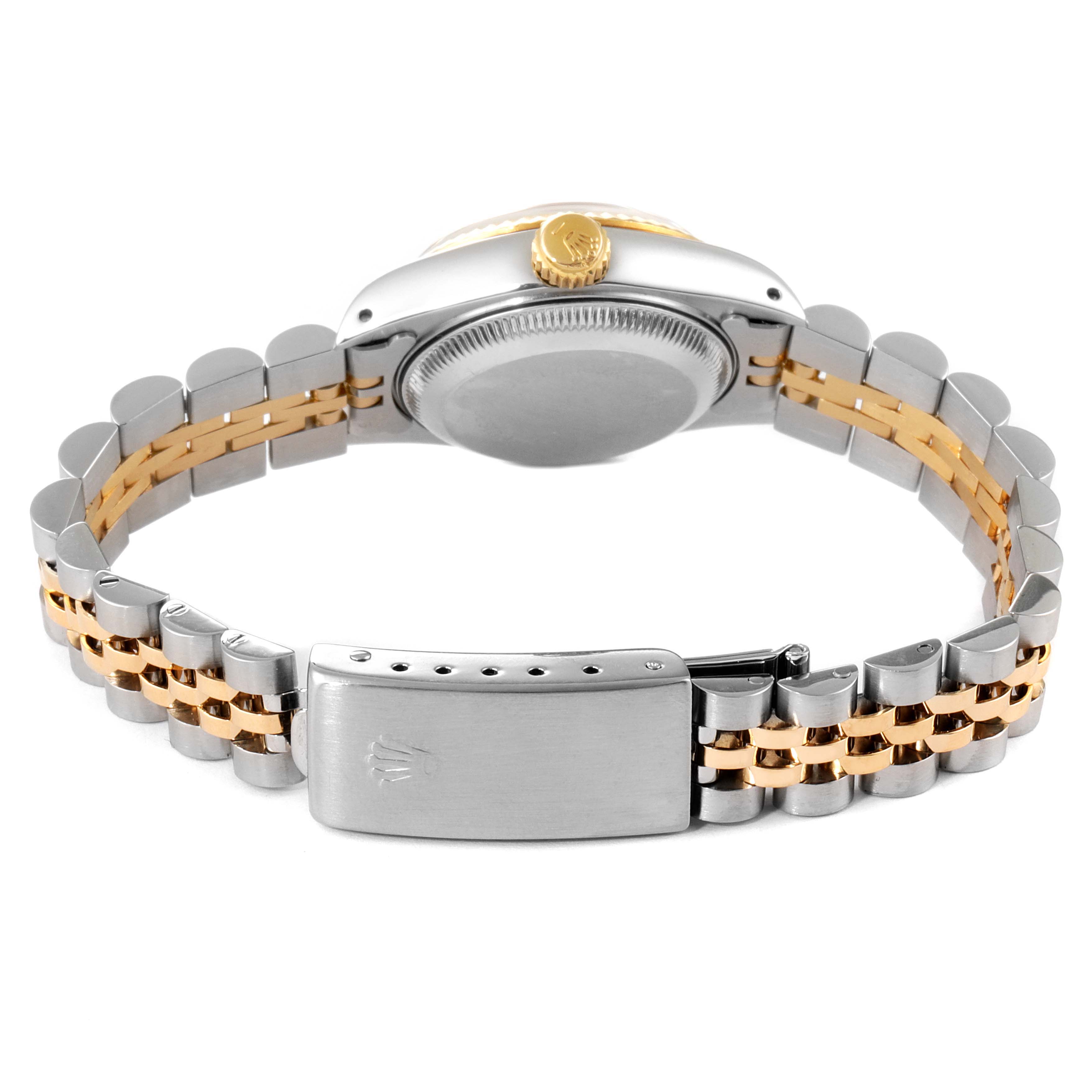 The image shows the back view of a Rolex Datejust 69173 Women's Steel and Gold (two tone) Black Dial 69173 Women's Steel and Gold (two tone) Black Dial watch, featuring the case back and bracelet clasp.