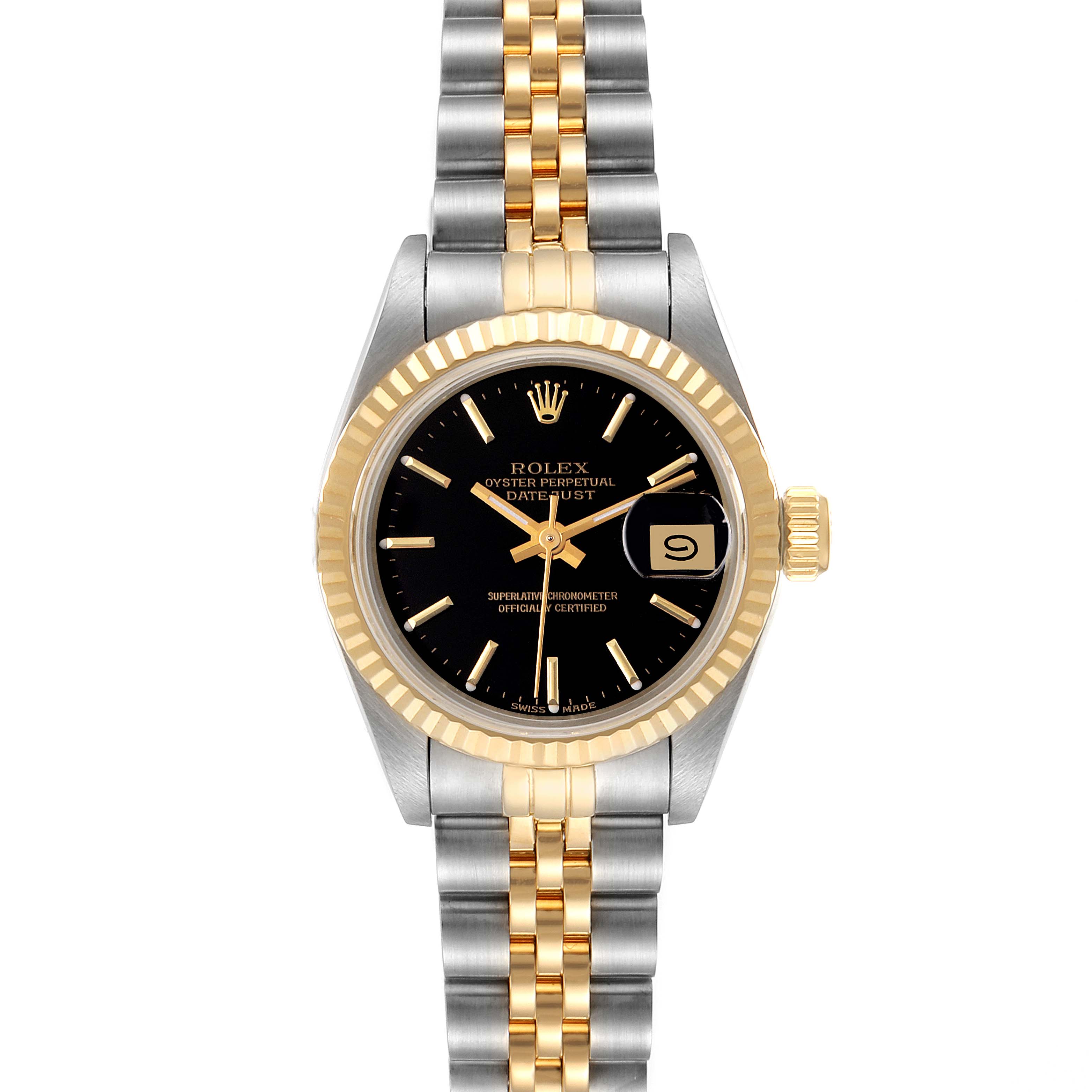 This Rolex Datejust 69173 Women's Steel and Gold (two tone) Black Dial 69173 Women's Steel and Gold (two tone) Black Dial watch is shown from a top-down angle, displaying the dial, bezel, case, and bracelet.