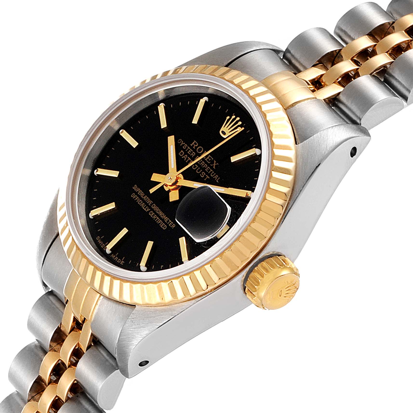 The image shows a side angle of a Rolex Datejust 69173 Women's Steel and Gold (two tone) Black Dial 69173 Women's Steel and Gold (two tone) Black Dial watch, highlighting the black dial, fluted bezel, crown, and two-tone bracelet.