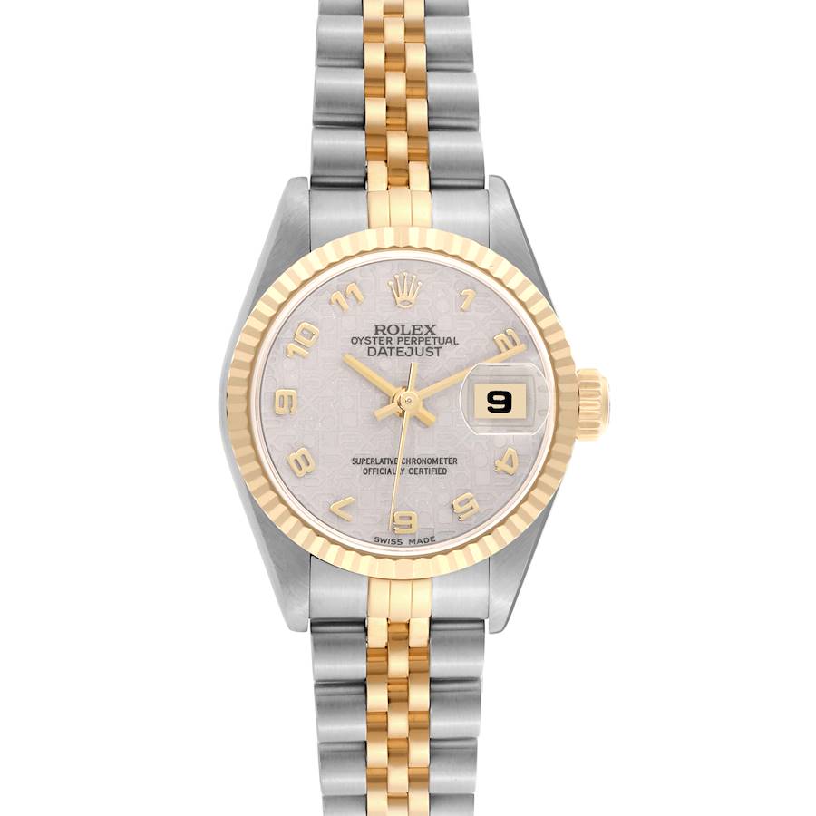 The Rolex Datejust is shown from a front angle, displaying the face, bezel, crown, and part of the bracelet.