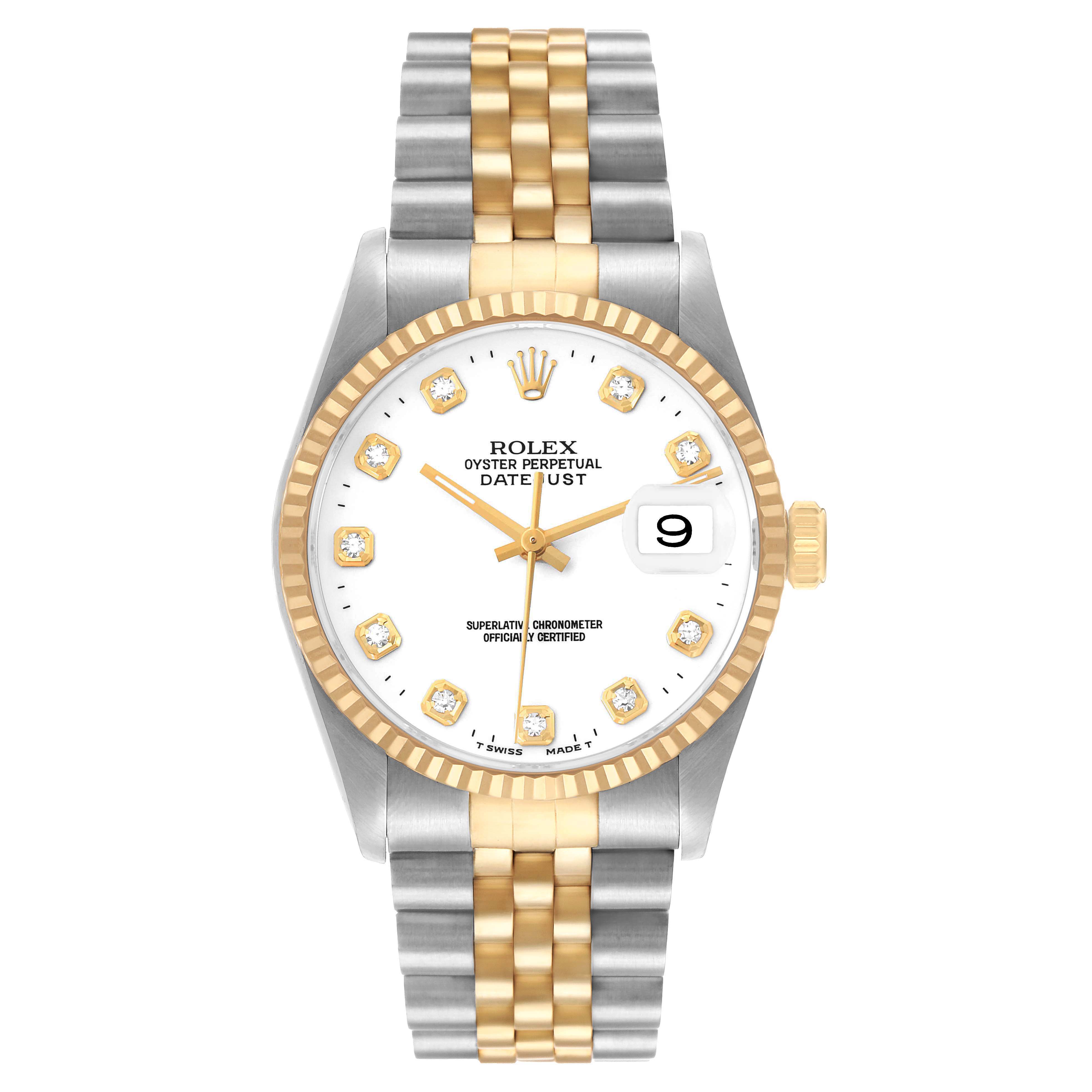 The Rolex Datejust 16233 Men's Steel and Gold (two tone) White Dial watch is shown from a front view, displaying the face, bezel, and bracelet.
