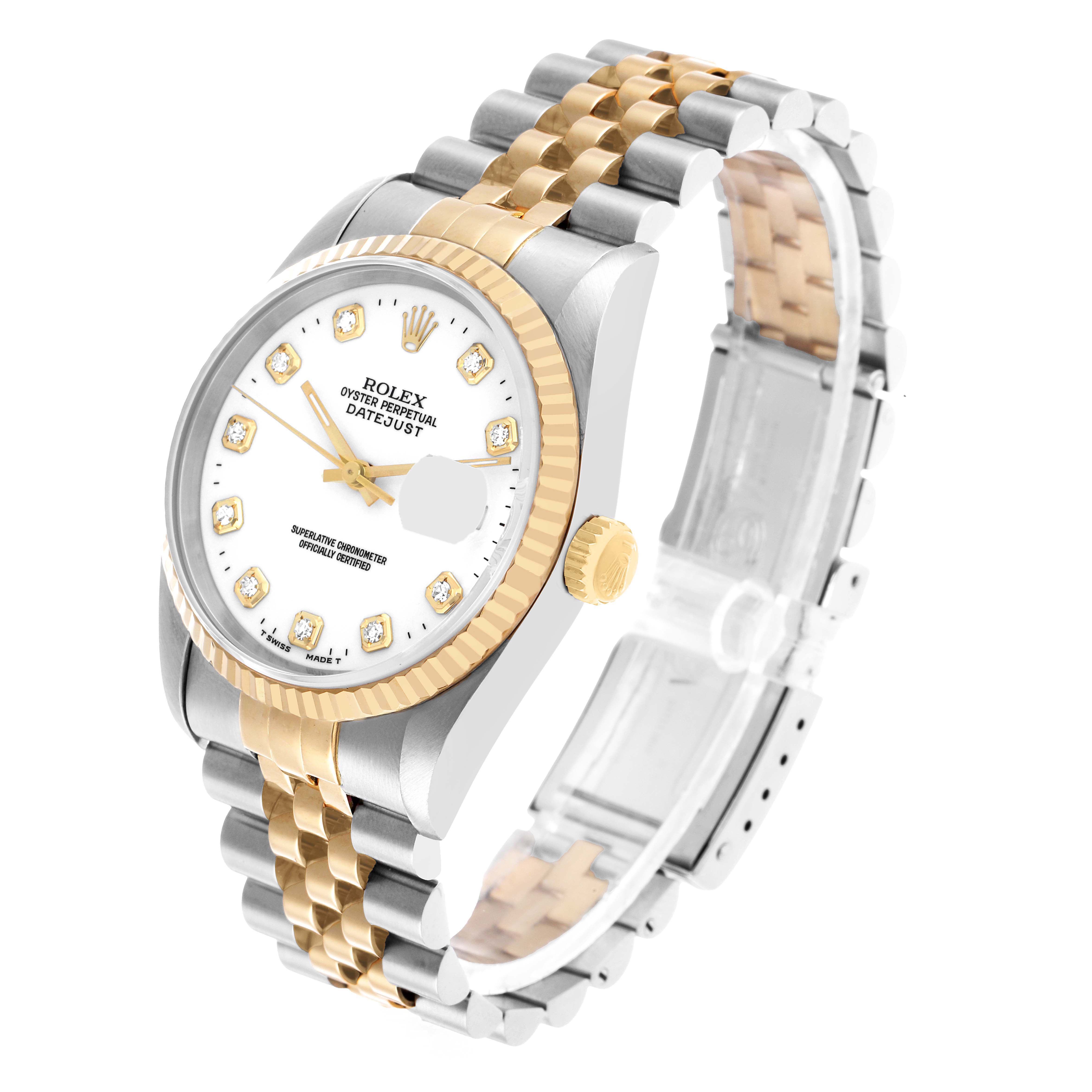 The Rolex Datejust 16233 Men's Steel and Gold (two tone) White Dial watch is angled from the front-left, showing the face, bezel, crown, and bracelet.