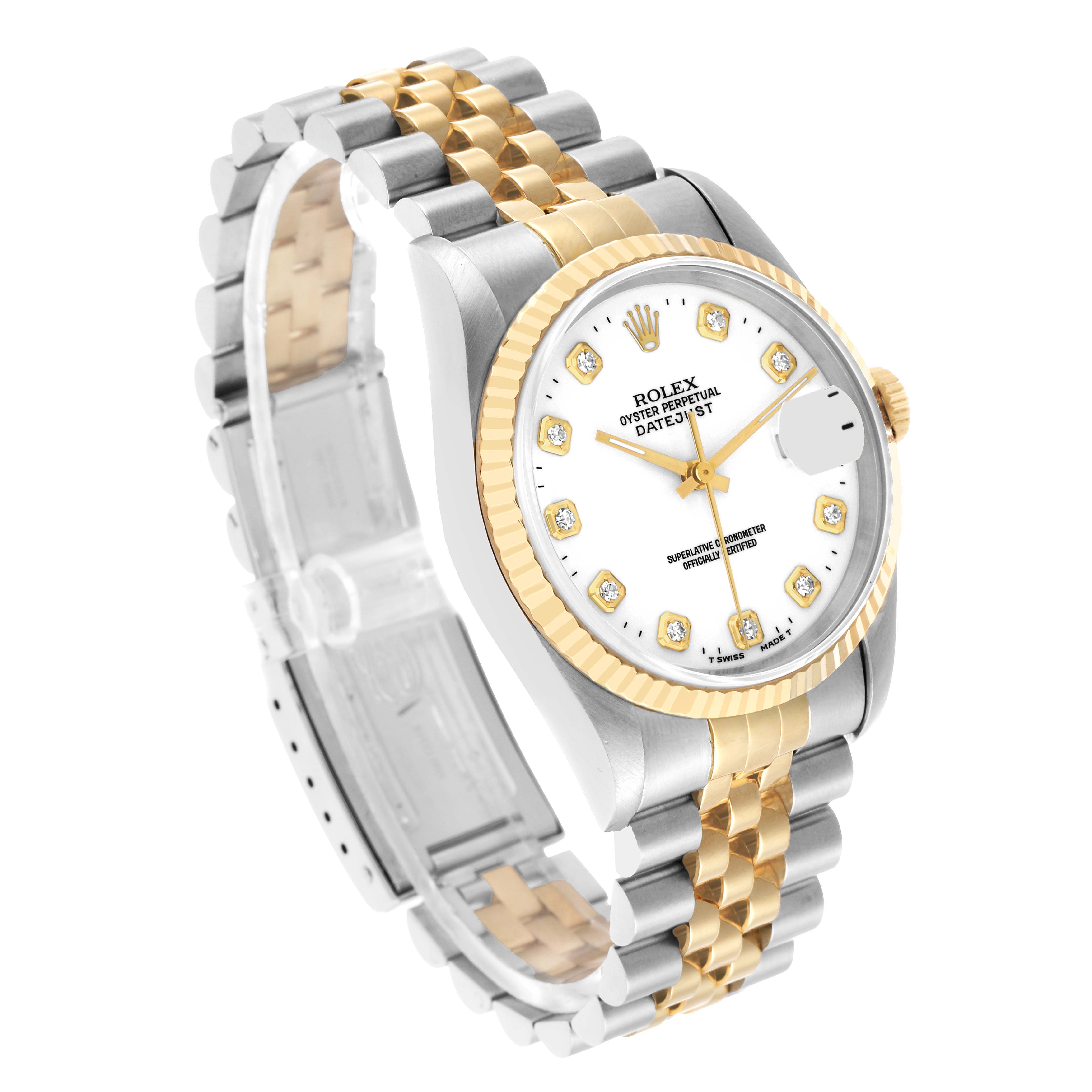 The Rolex Datejust 16233 Men's Steel and Gold (two tone) White Dial watch is shown at an angle highlighting the face, bezel, and part of the two-tone bracelet.