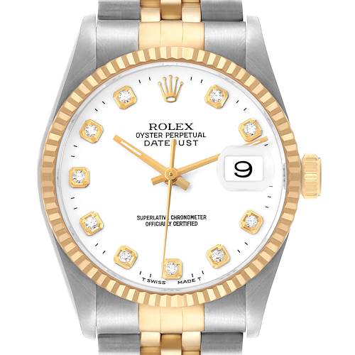 The image shows a Rolex Datejust 16233 Men's Steel and Gold (two tone) White Dial watch face from the front, displaying the dial, hands, date window, and part of the bracelet.