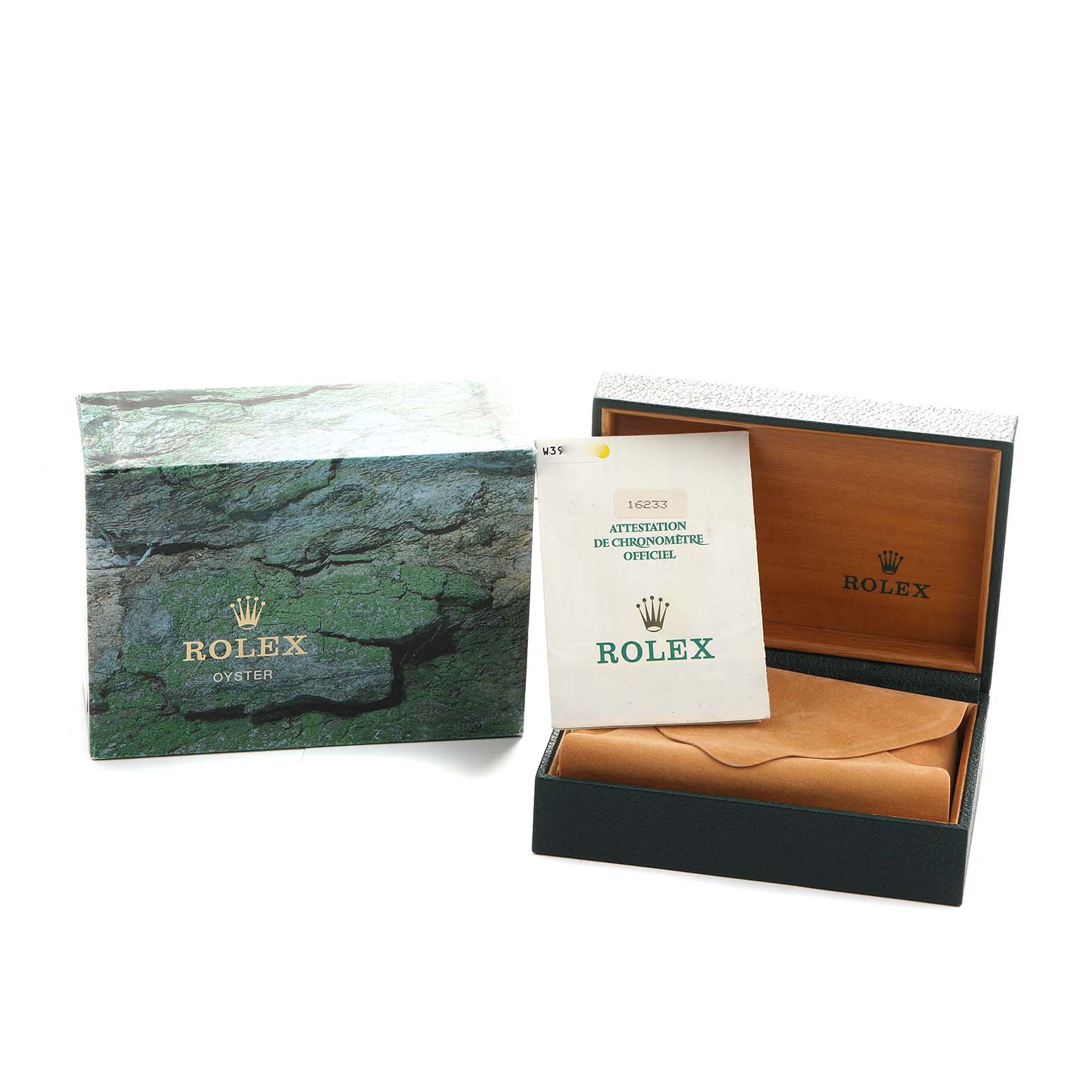 The image shows a Rolex Datejust 16233 Men's Steel and Gold (two tone) White Dial box set, including the outer box, inner box, and chronometer certificate.