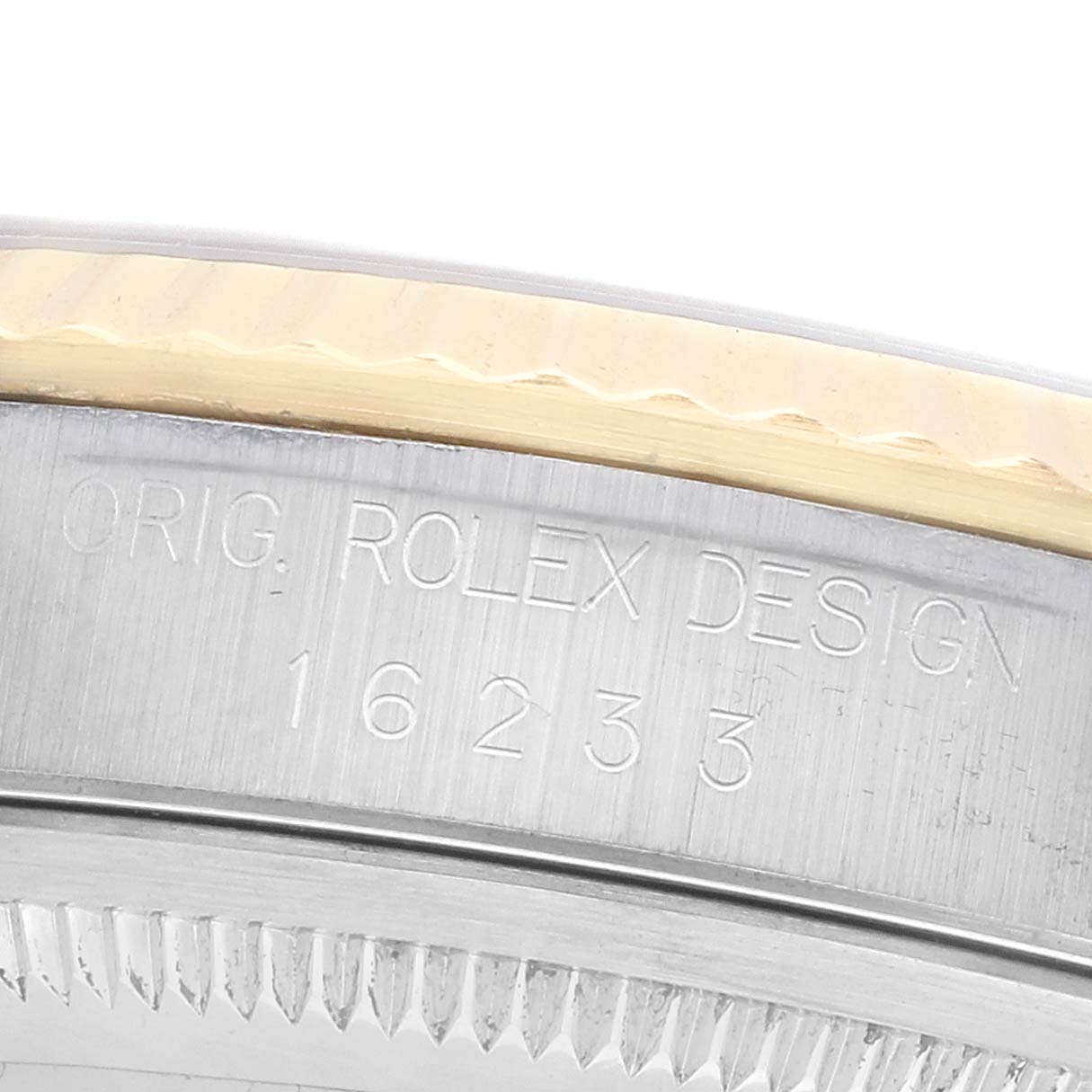 The image shows a close-up of the case side of a Rolex Datejust 16233 Men's Steel and Gold (two tone) White Dial, highlighting the model number engraving.