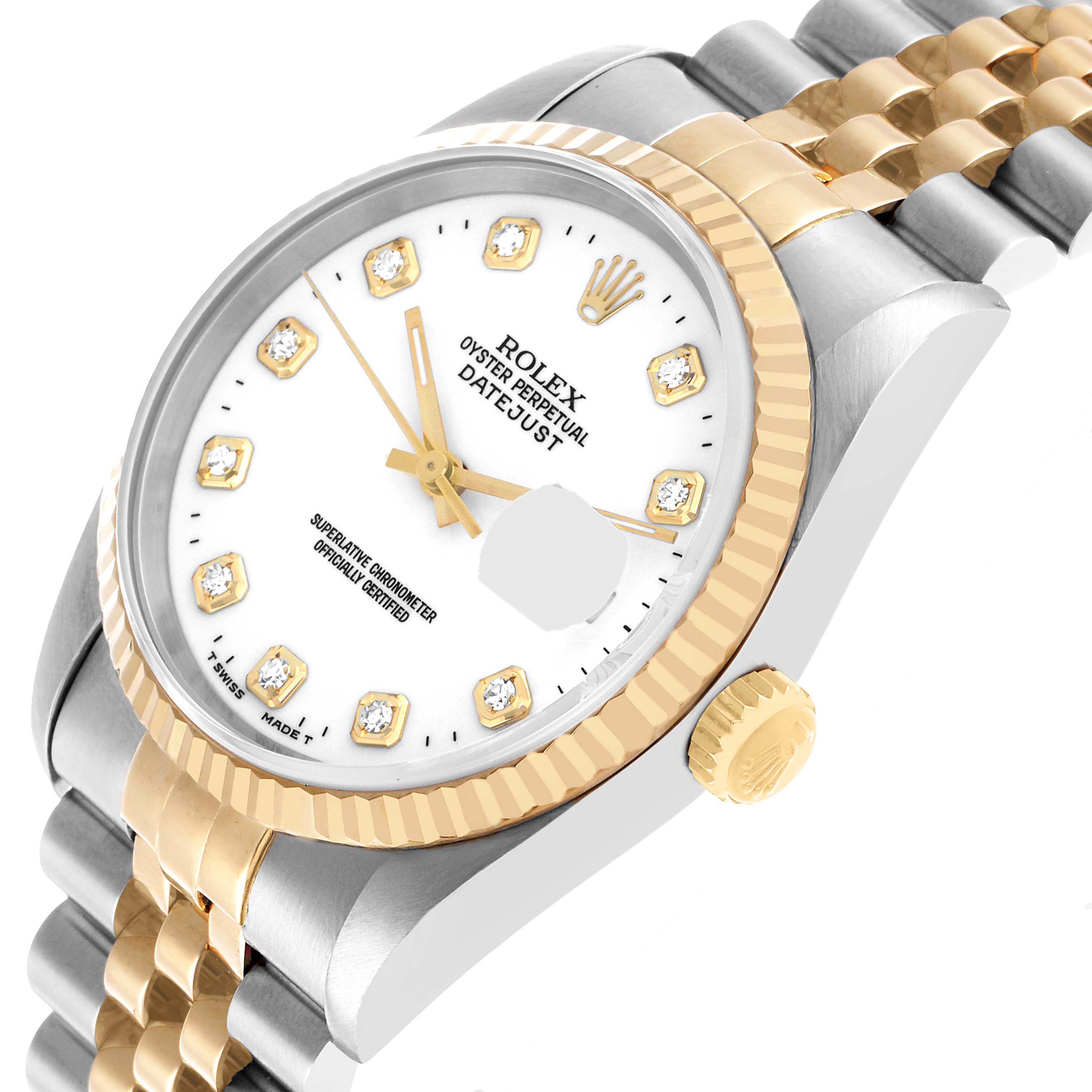 The Rolex Datejust 16233 Men's Steel and Gold (two tone) White Dial watch is shown at an angled view, highlighting the dial, bezel, and part of the bracelet.