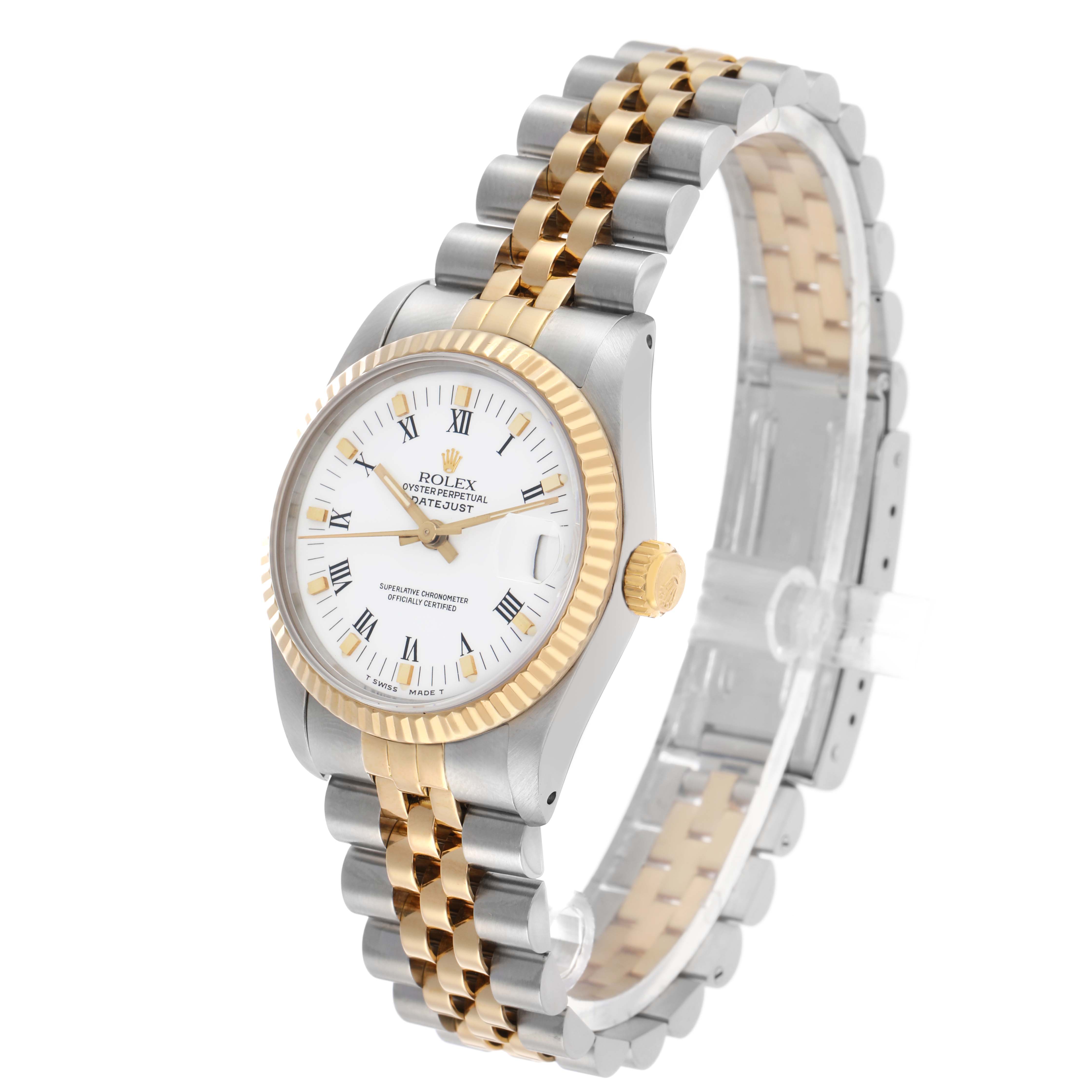 The Rolex Datejust 16233 Men's Steel and Gold (two tone) White Dial watch is shown at a slight angle, displaying its face, fluted bezel, and two-tone Jubilee bracelet.