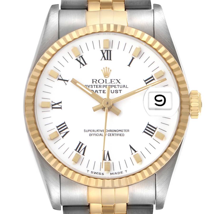 The Rolex Datejust 16233 Men's Steel and Gold (two tone) White Dial watch is shown from the front, displaying the dial, bezel, crown, and part of the bracelet.
