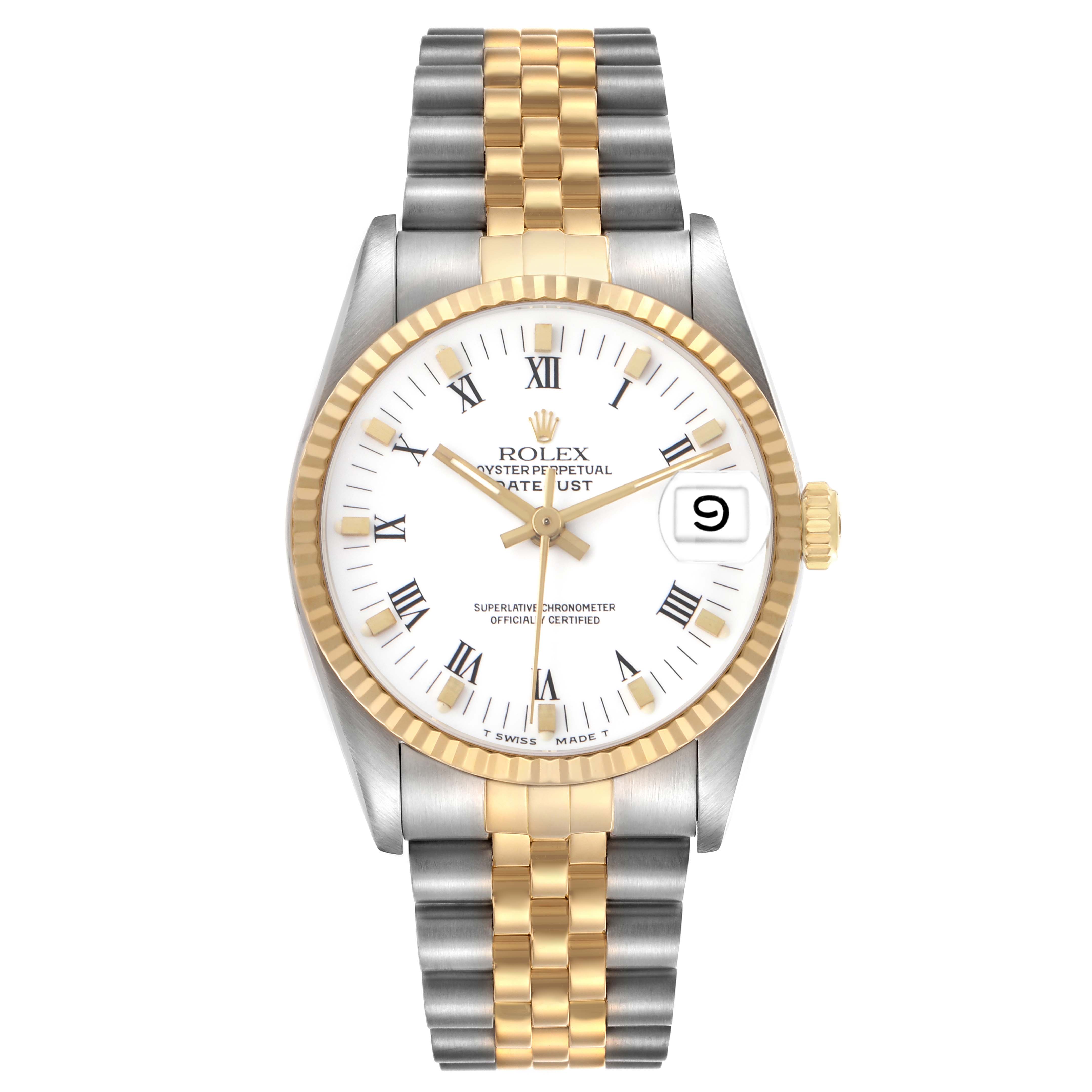 The Rolex Datejust 16233 Men's Steel and Gold (two tone) White Dial watch is shown from the front, displaying the face, bezel, crown, and bracelet.