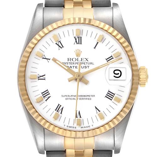 The Rolex Datejust 16233 Men's Steel and Gold (two tone) White Dial is shown from a front angle, highlighting the dial, fluted bezel, crown, and part of the bracelet.