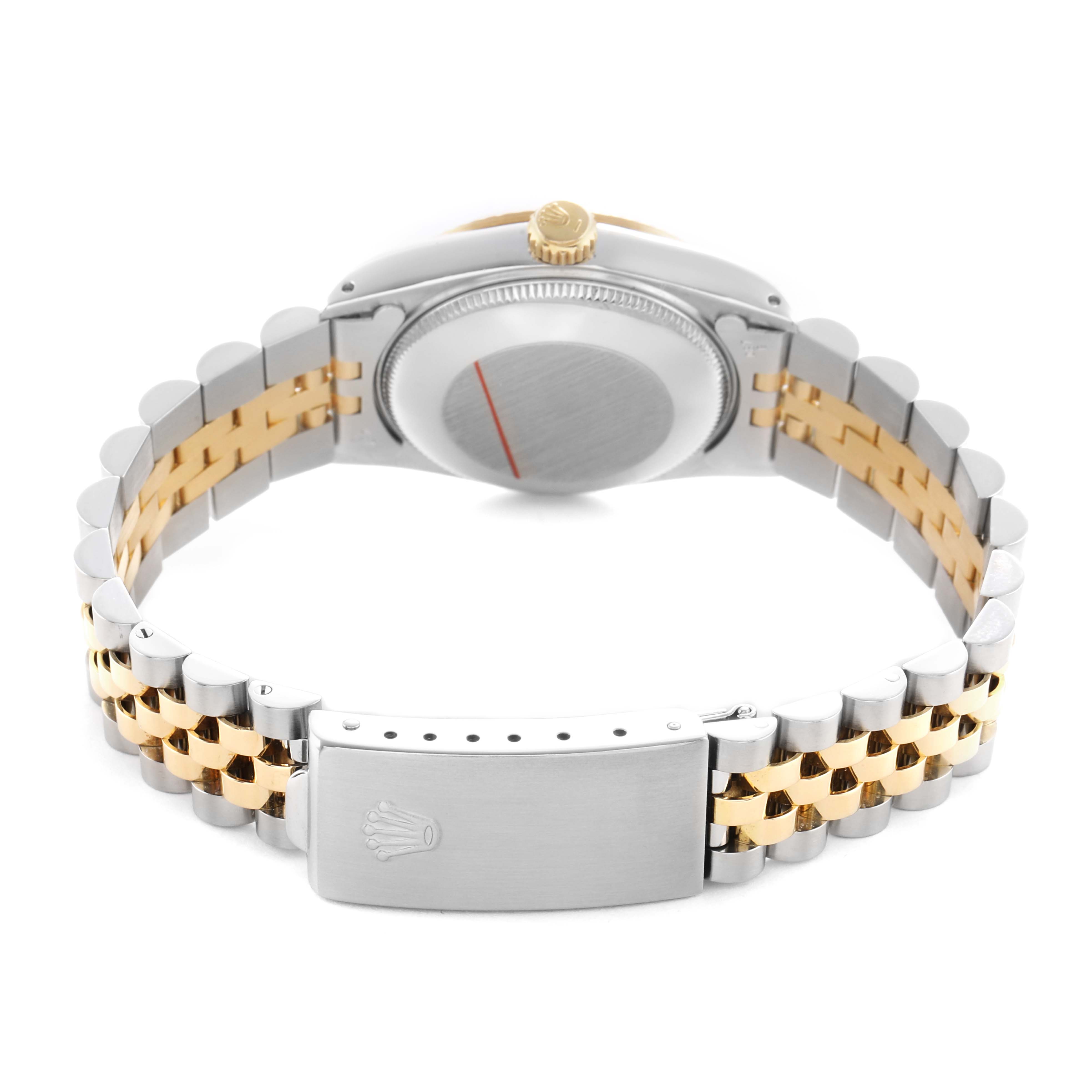 The image shows the back view of a Rolex Datejust 16233 Men's Steel and Gold (two tone) White Dial, highlighting its two-tone bracelet, clasp, and screw-down case back.