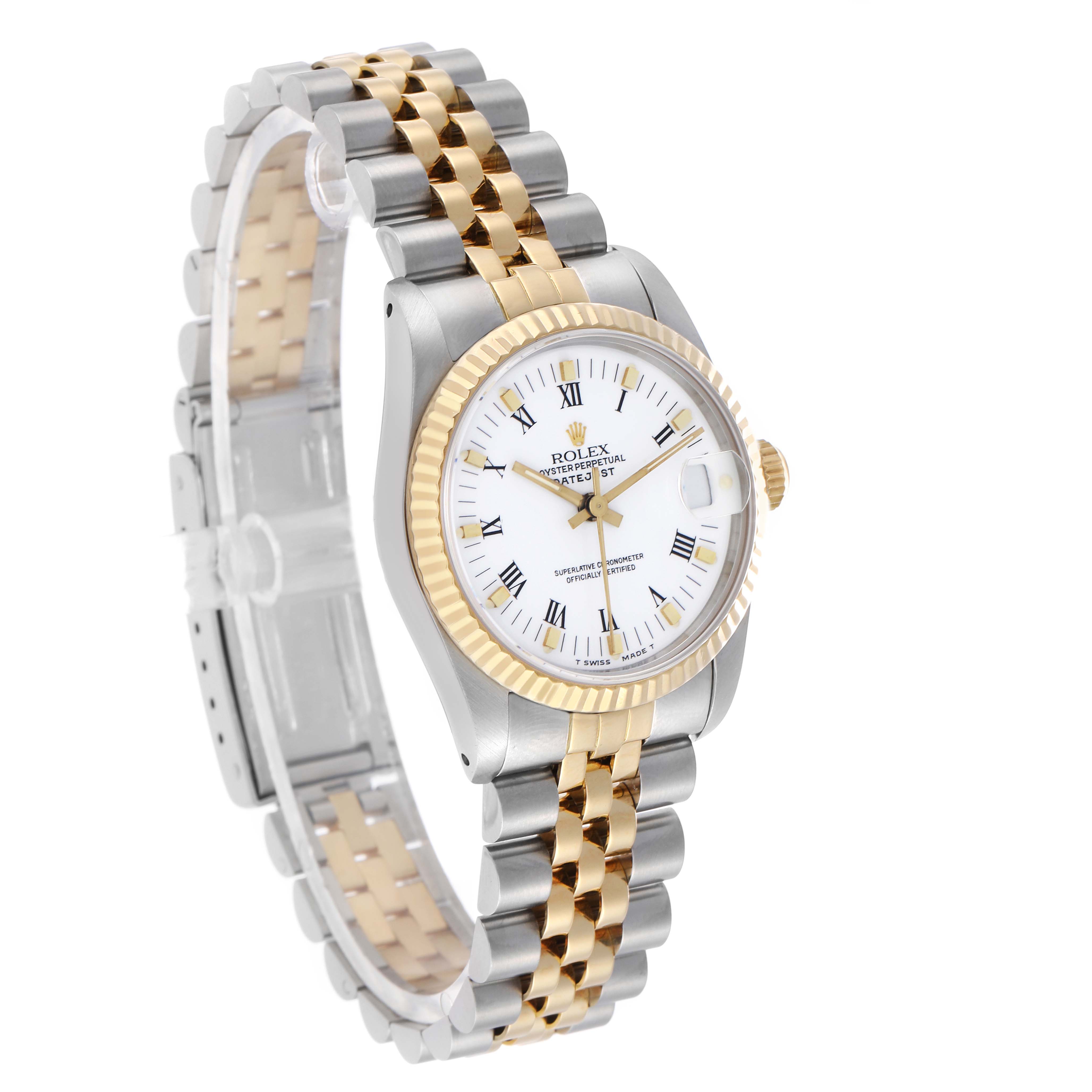 The Rolex Datejust 16233 Men's Steel and Gold (two tone) White Dial watch is shown at an angled side view, highlighting the case, dial, bezel, and two-tone bracelet.