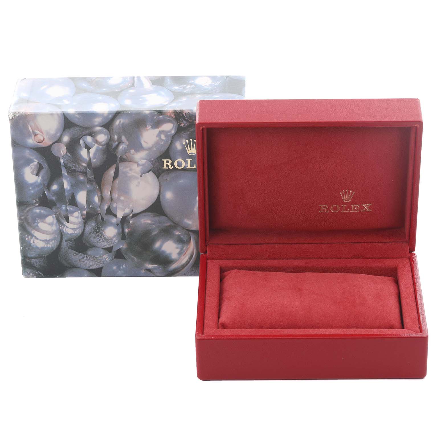 The image shows a red Rolex Datejust 69173 Women's Steel and Gold (two tone) Blue Dial 69173 Women's Steel and Gold (two tone) Blue Dial watch box and outer case, both unopened.