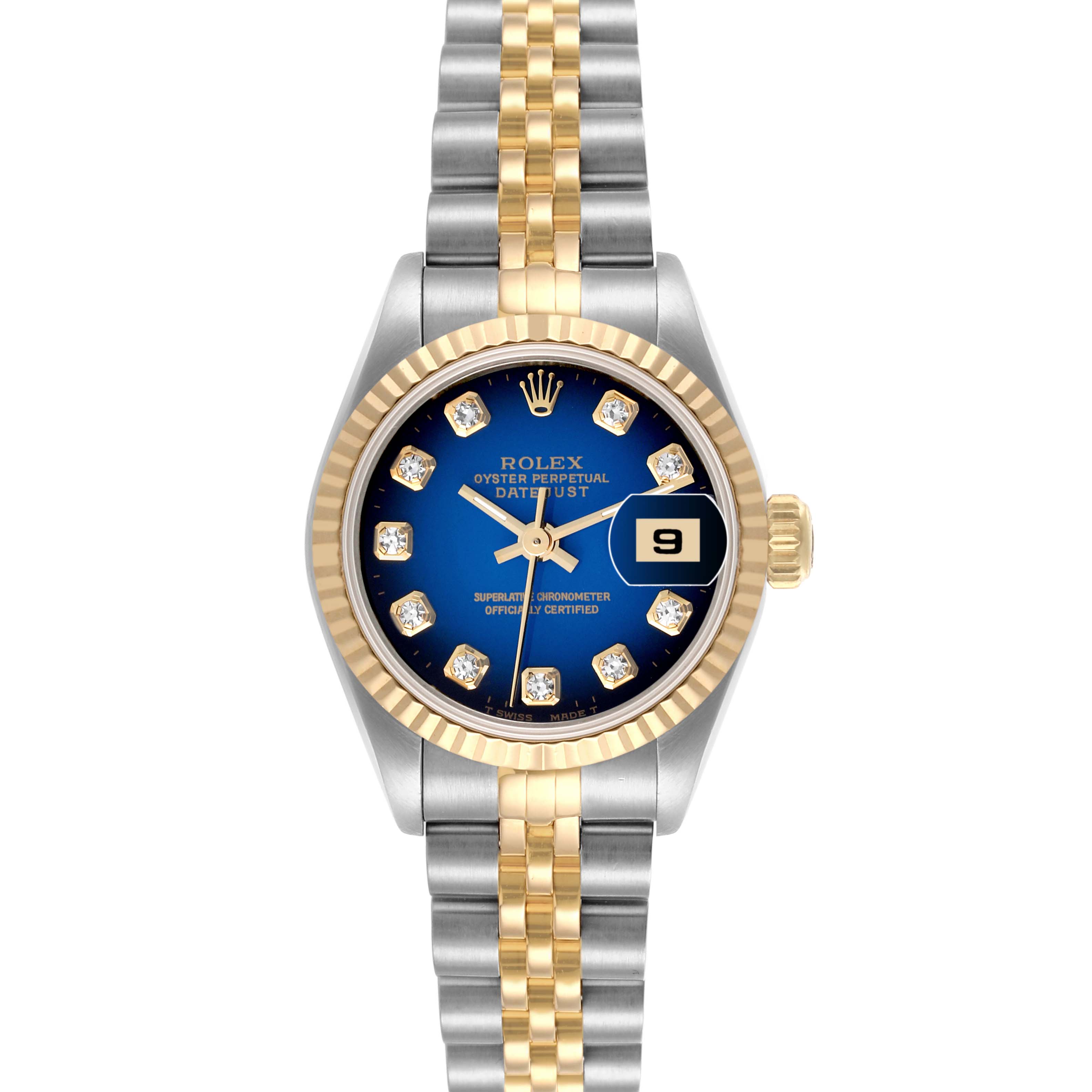 The Rolex Datejust 69173 Women's Steel and Gold (two tone) Blue Dial 69173 Women's Steel and Gold (two tone) Blue Dial watch is shown from the front, highlighting the blue dial, diamond hour markers, and two-tone bracelet.