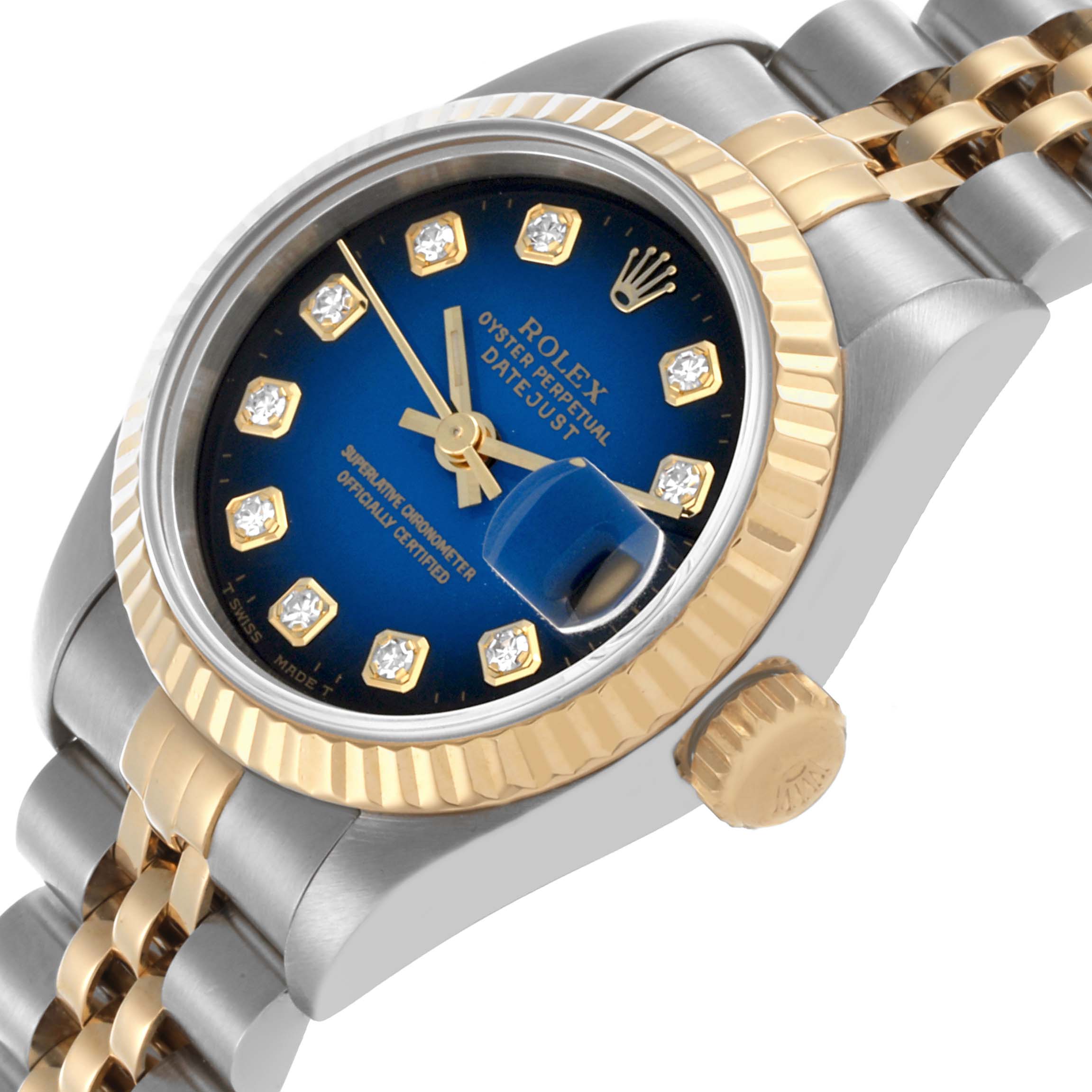 The image shows a Rolex Datejust 69173 Women's Steel and Gold (two tone) Blue Dial 69173 Women's Steel and Gold (two tone) Blue Dial watch at a side angle, highlighting the blue dial, diamond markers, fluted bezel, and two-tone bracelet.