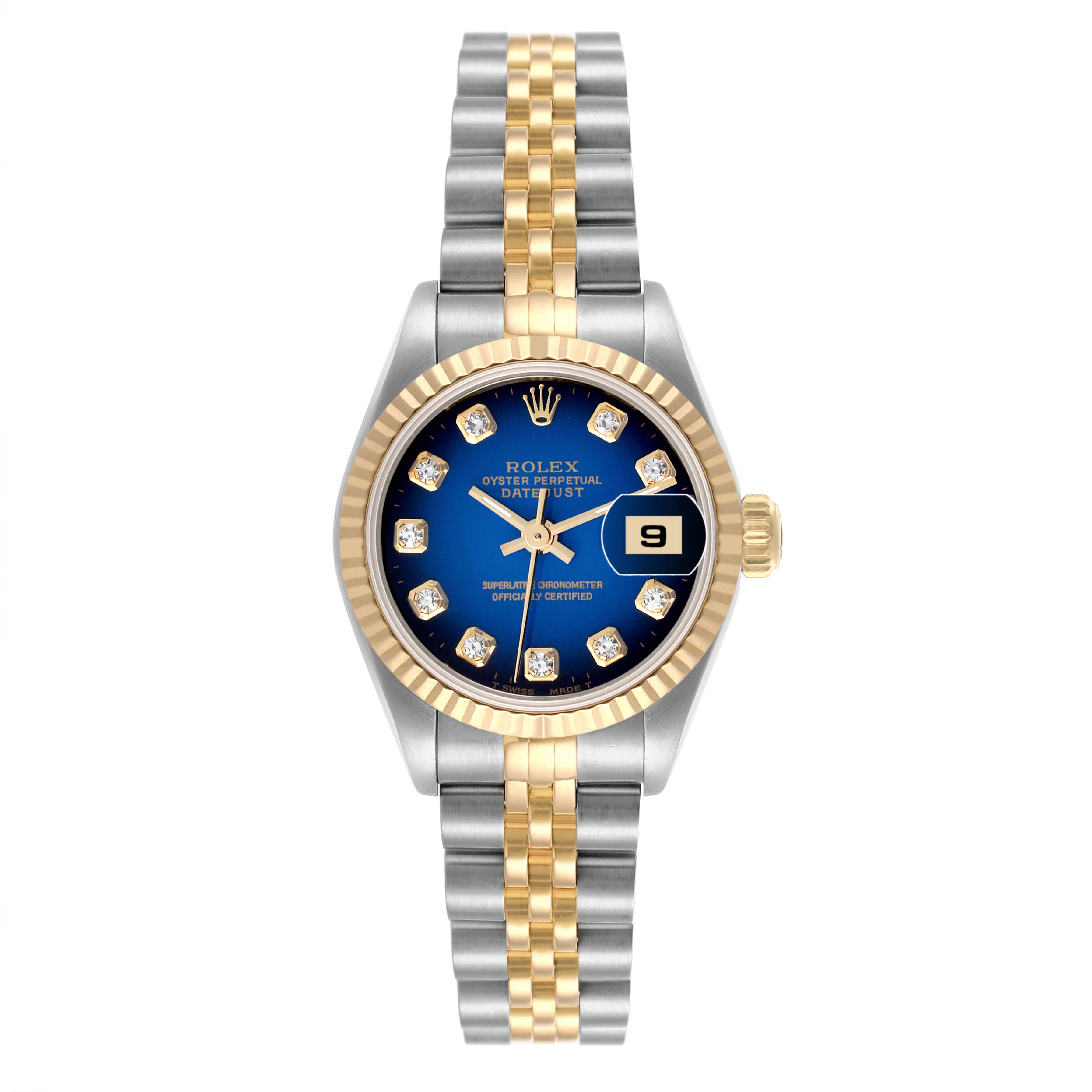 The Rolex Datejust 69173 Women's Steel and Gold (two tone) Blue Dial 69173 Women's Steel and Gold (two tone) Blue Dial watch is shown from a top view, displaying its blue dial, gold bezel, and two-tone bracelet.