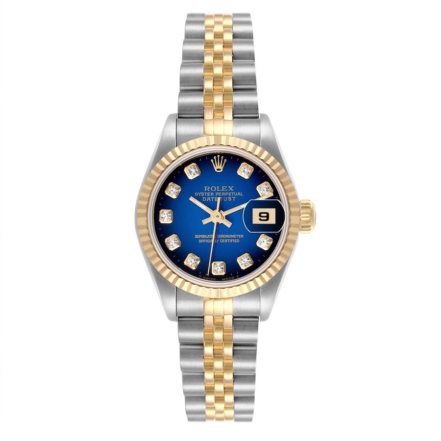 The Rolex Datejust watch is shown from a top view, displaying its blue dial, gold bezel, and two-tone bracelet.