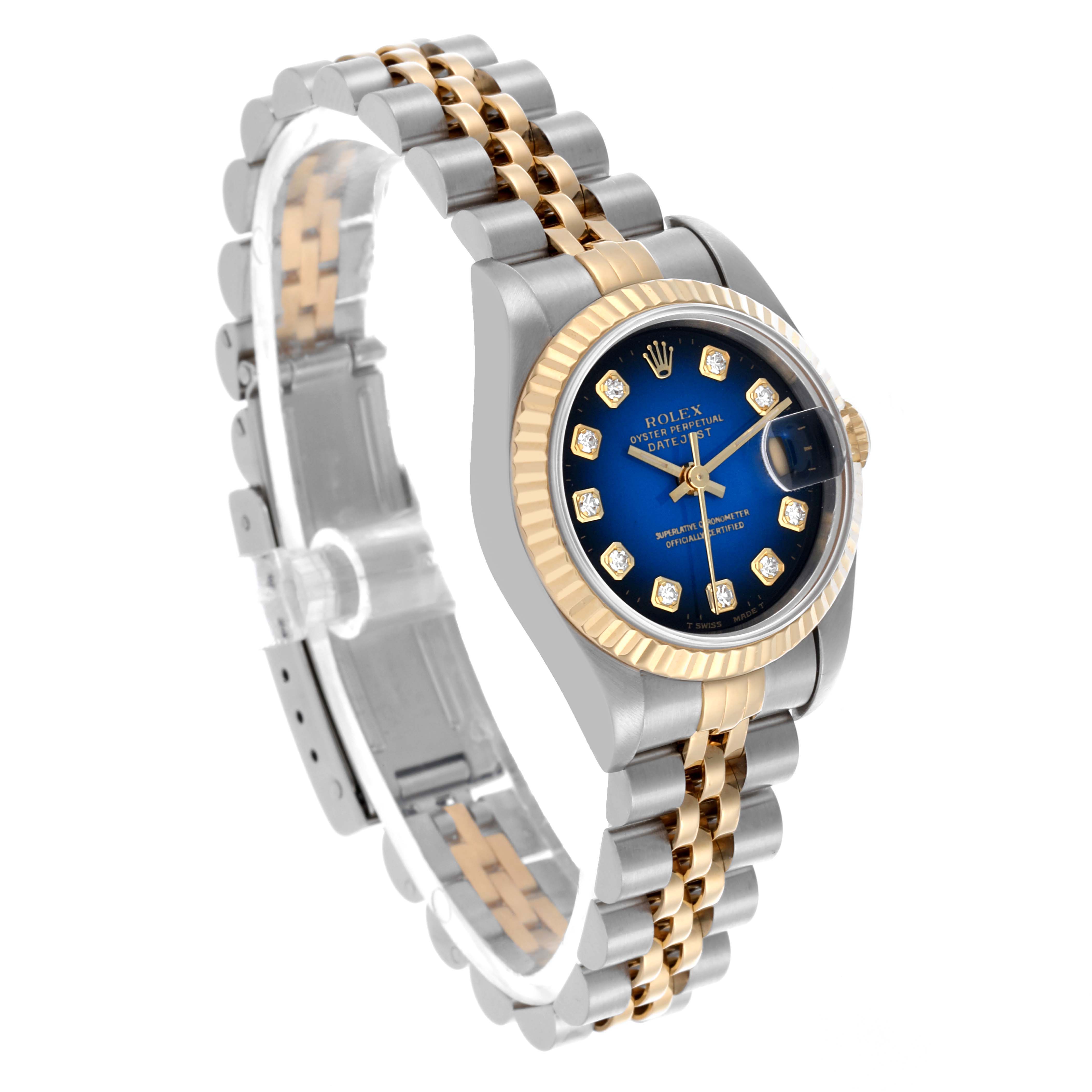 The Rolex Datejust 69173 Women's Steel and Gold (two tone) Blue Dial 69173 Women's Steel and Gold (two tone) Blue Dial watch is shown at an angled view highlighting the case, bezel, dial, and bracelet.