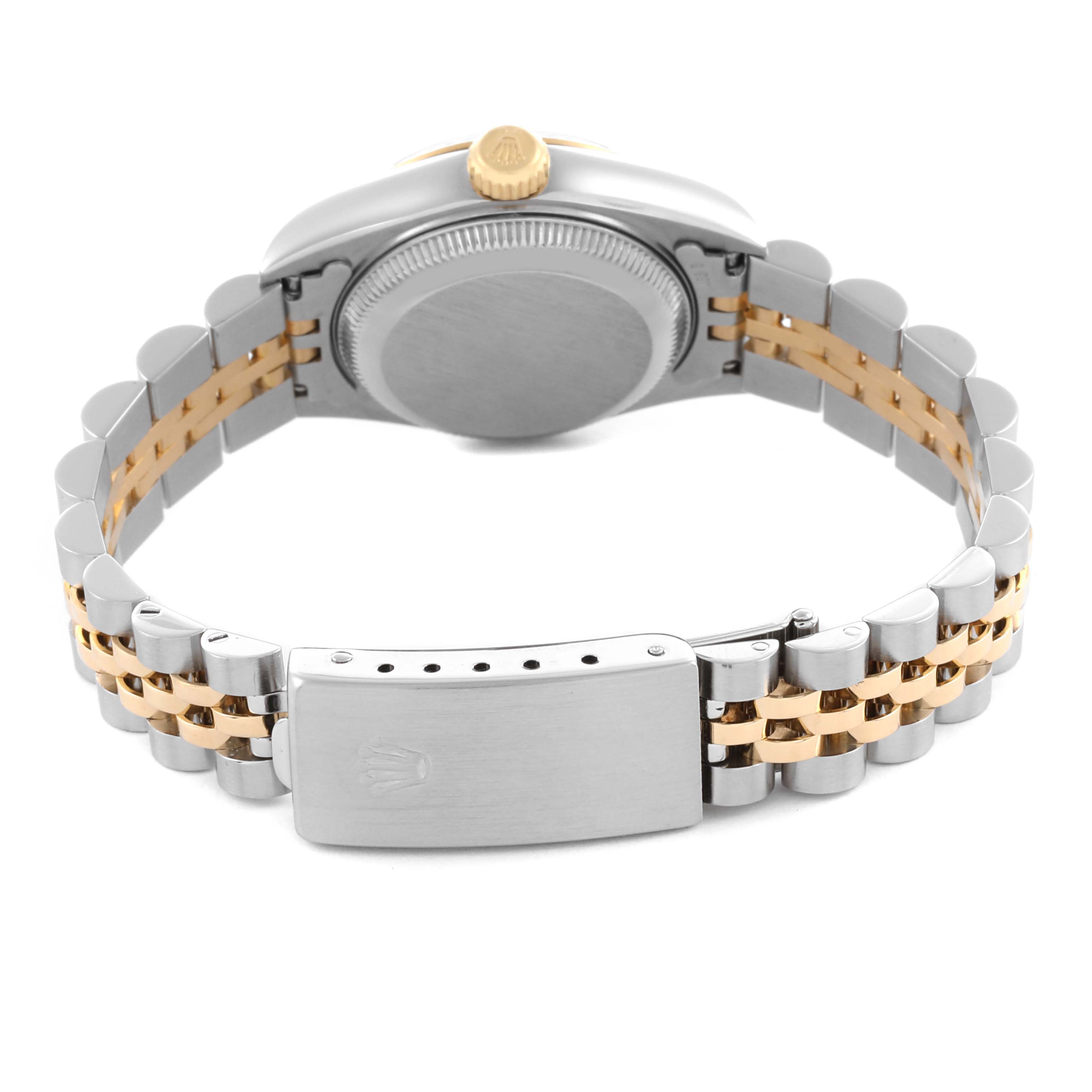 The Rolex Datejust 69173 Women's Steel and Gold (two tone) Blue Dial 69173 Women's Steel and Gold (two tone) Blue Dial watch is shown from the back, highlighting the clasp, bracelet, and case back with a two-tone design.