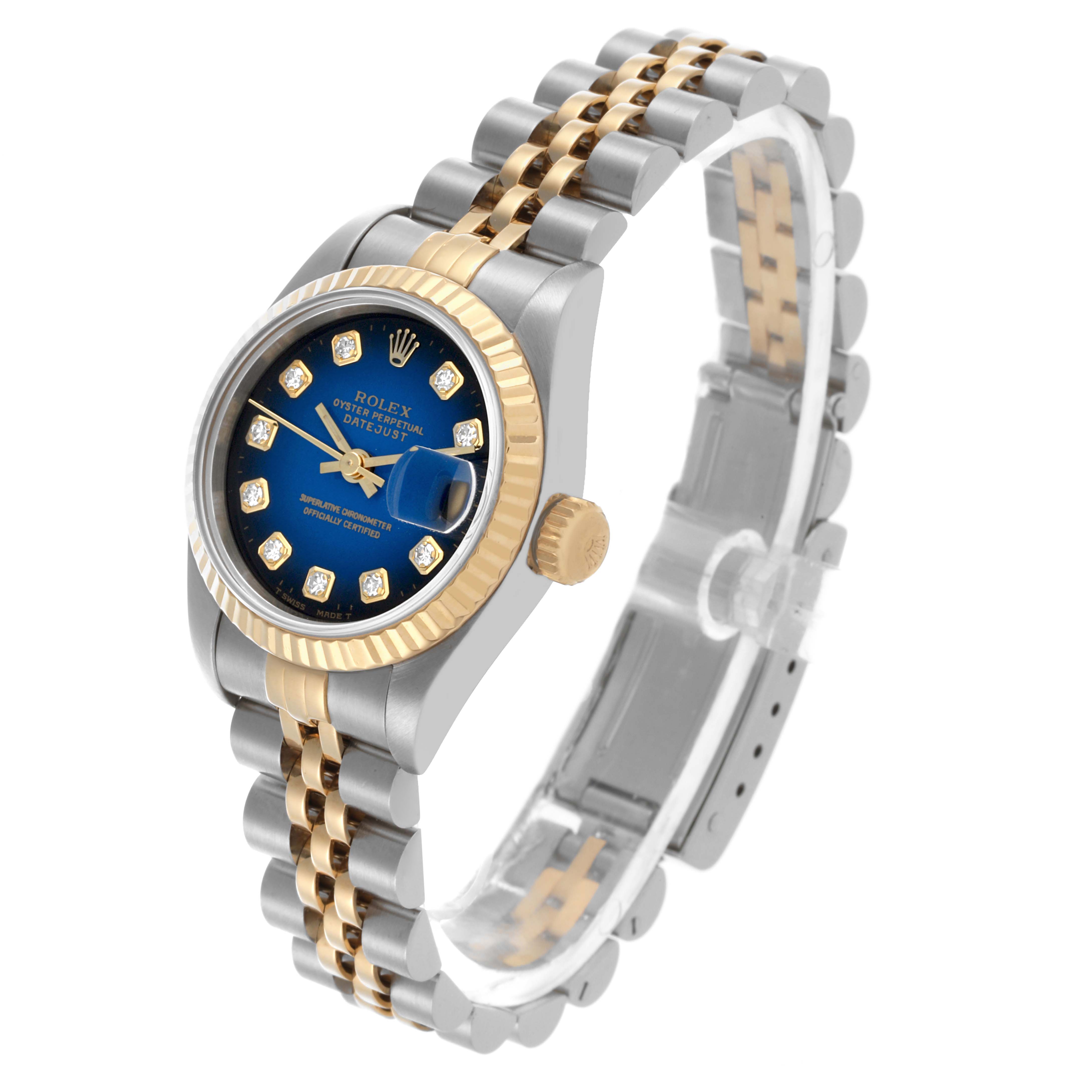The Rolex Datejust 69173 Women's Steel and Gold (two tone) Blue Dial 69173 Women's Steel and Gold (two tone) Blue Dial watch is shown at a slight angle, displaying the dial, bezel, crown, and part of the bracelet.