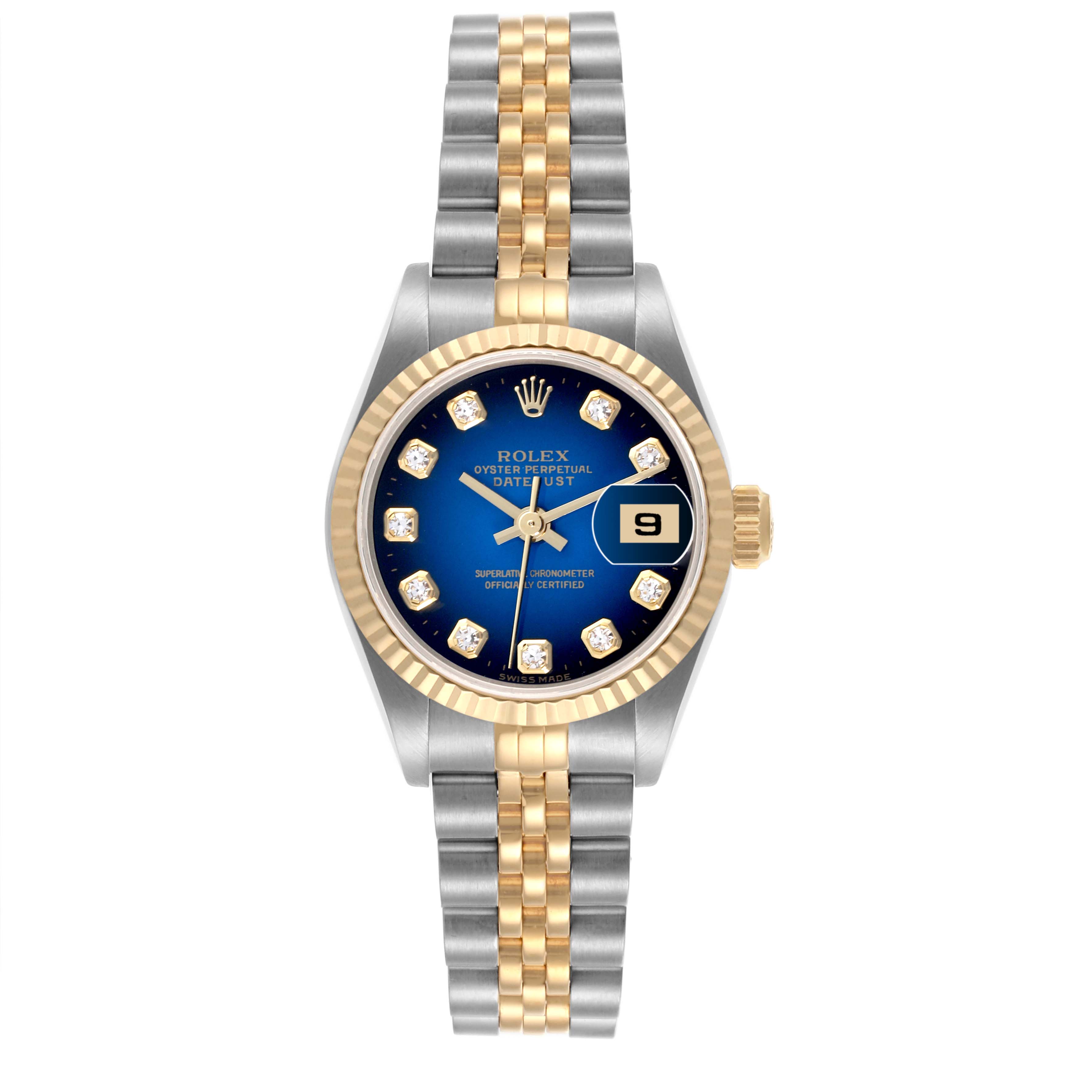 The Rolex Datejust 69173 Women's Steel and Gold (two tone) Blue Dial 69173 Women's Steel and Gold (two tone) Blue Dial watch is shown from a front angle, displaying the dial, bezel, and bracelet clearly.