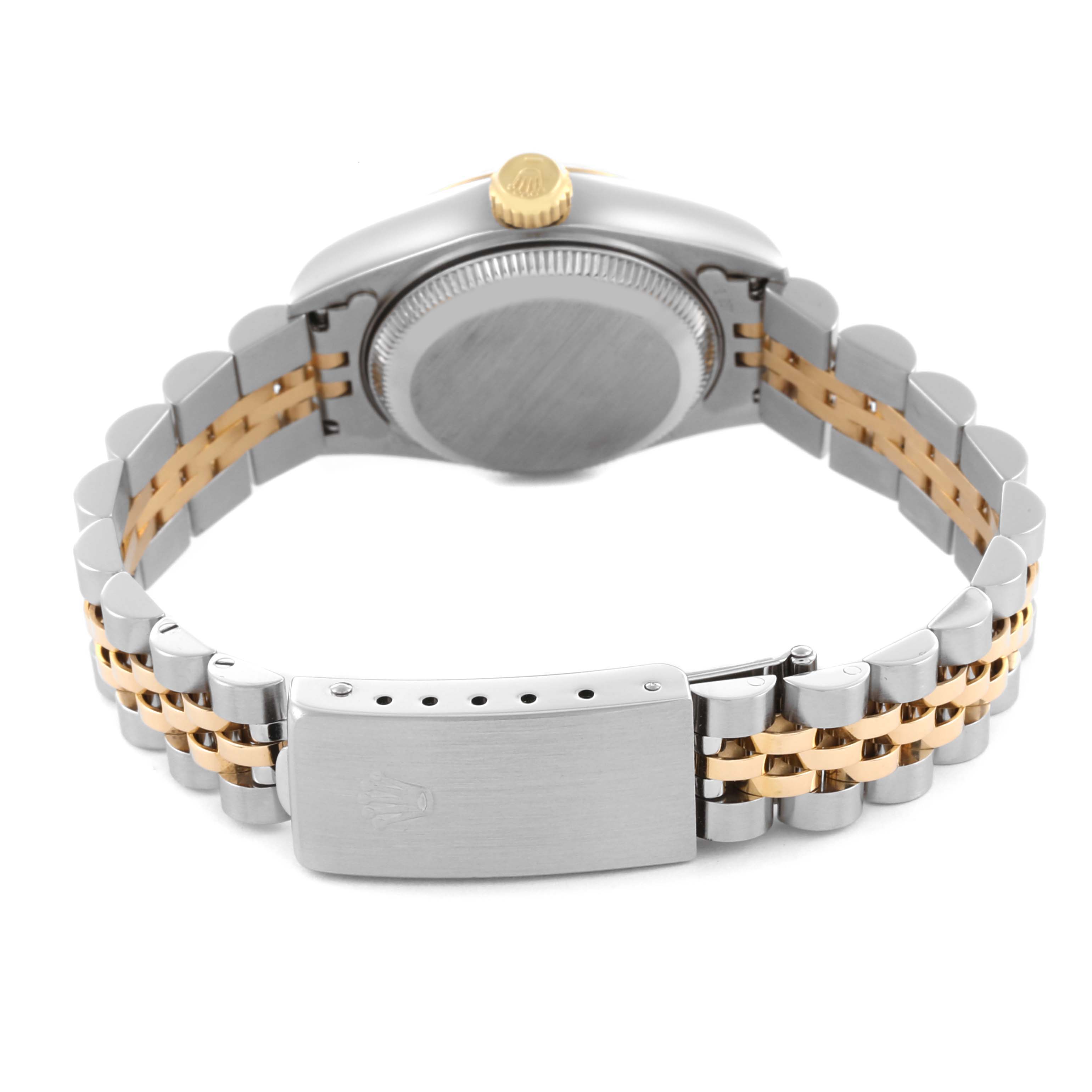 The Rolex Datejust 69173 Women's Steel and Gold (two tone) Blue Dial 69173 Women's Steel and Gold (two tone) Blue Dial watch is shown from the back, highlighting the case, bracelet, and clasp.