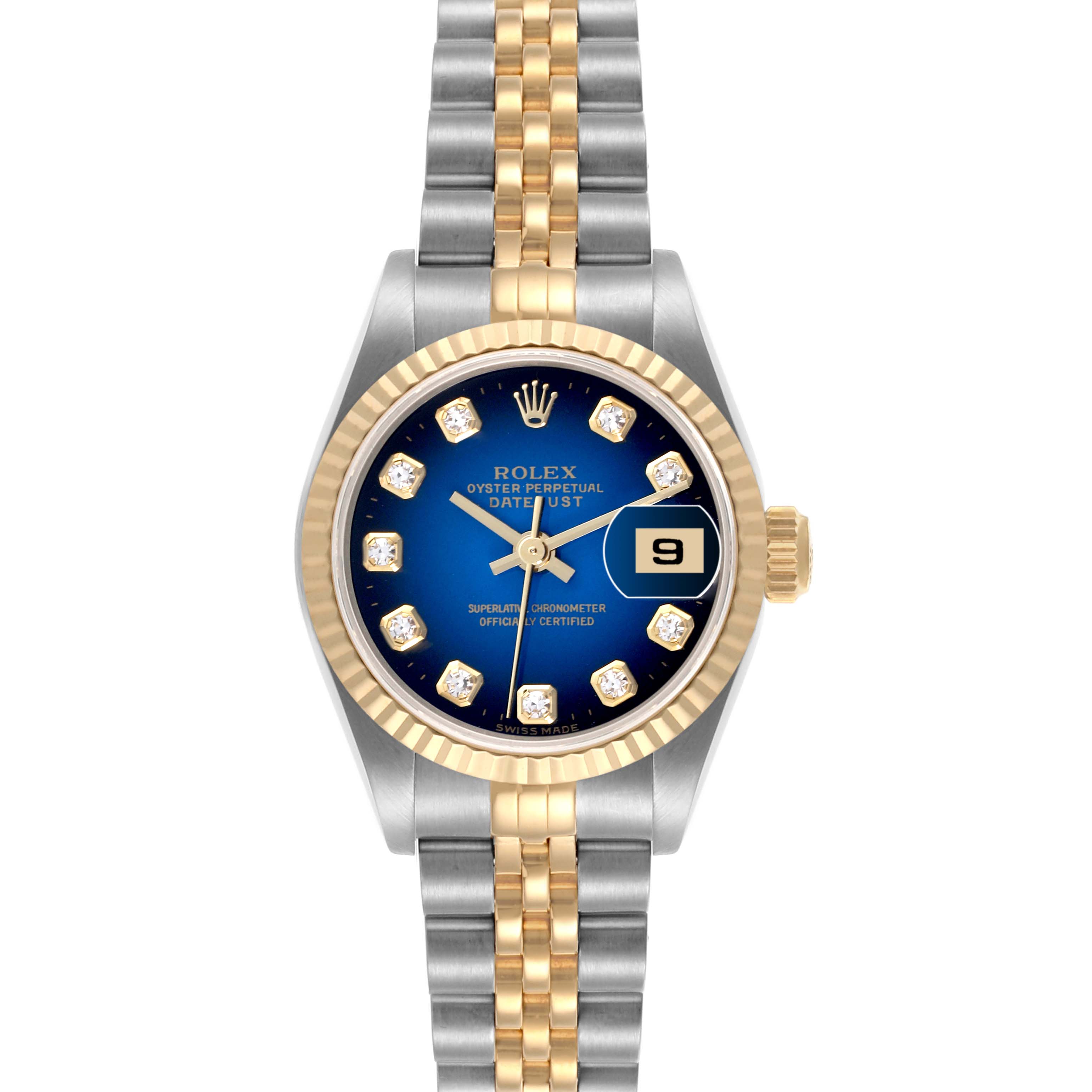 The Rolex Datejust 69173 Women's Steel and Gold (two tone) Blue Dial 69173 Women's Steel and Gold (two tone) Blue Dial is shown from a top-down angle, displaying the face, bezel, and bracelet.