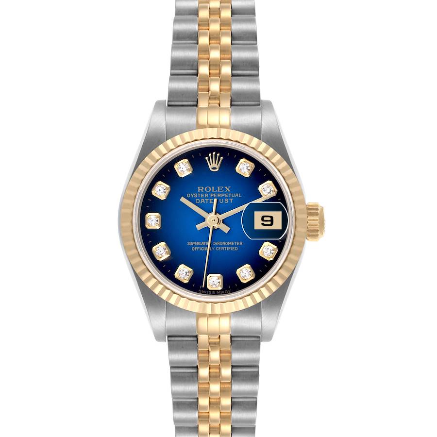 The Rolex Datejust is shown from a top-down angle, displaying the face, bezel, and bracelet.