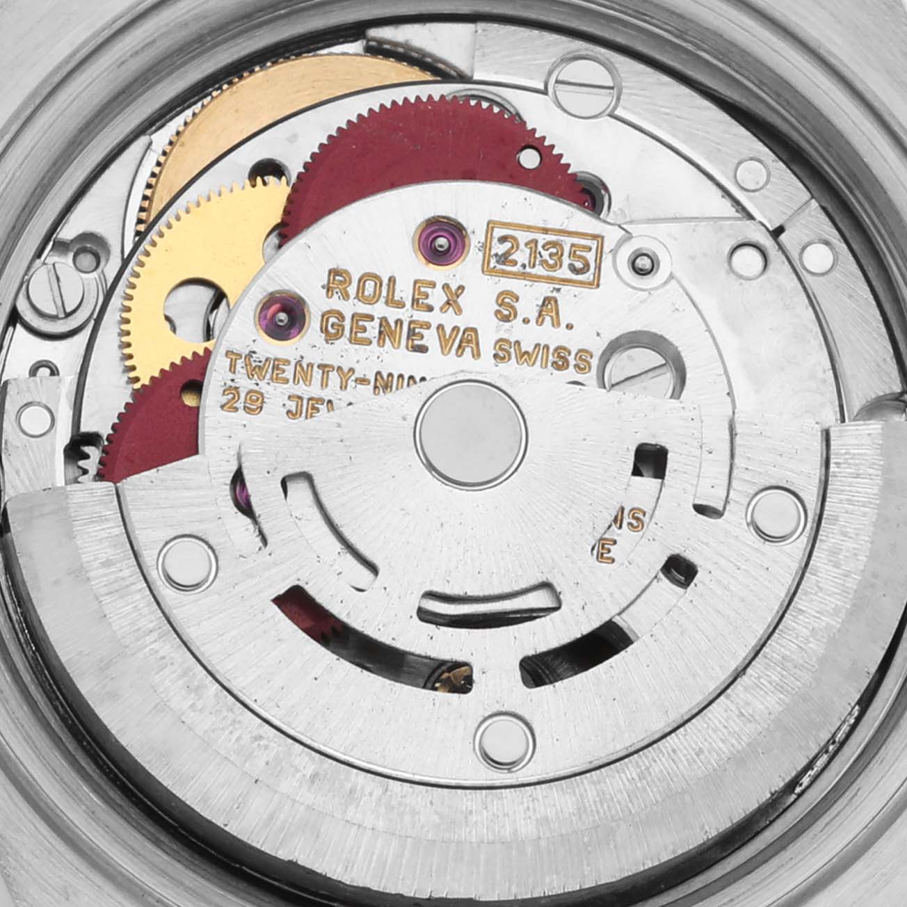 The image shows a close-up of the movement mechanism of a Rolex Datejust 69173 Women's Steel and Gold (two tone) Blue Dial 69173 Women's Steel and Gold (two tone) Blue Dial watch from the back.