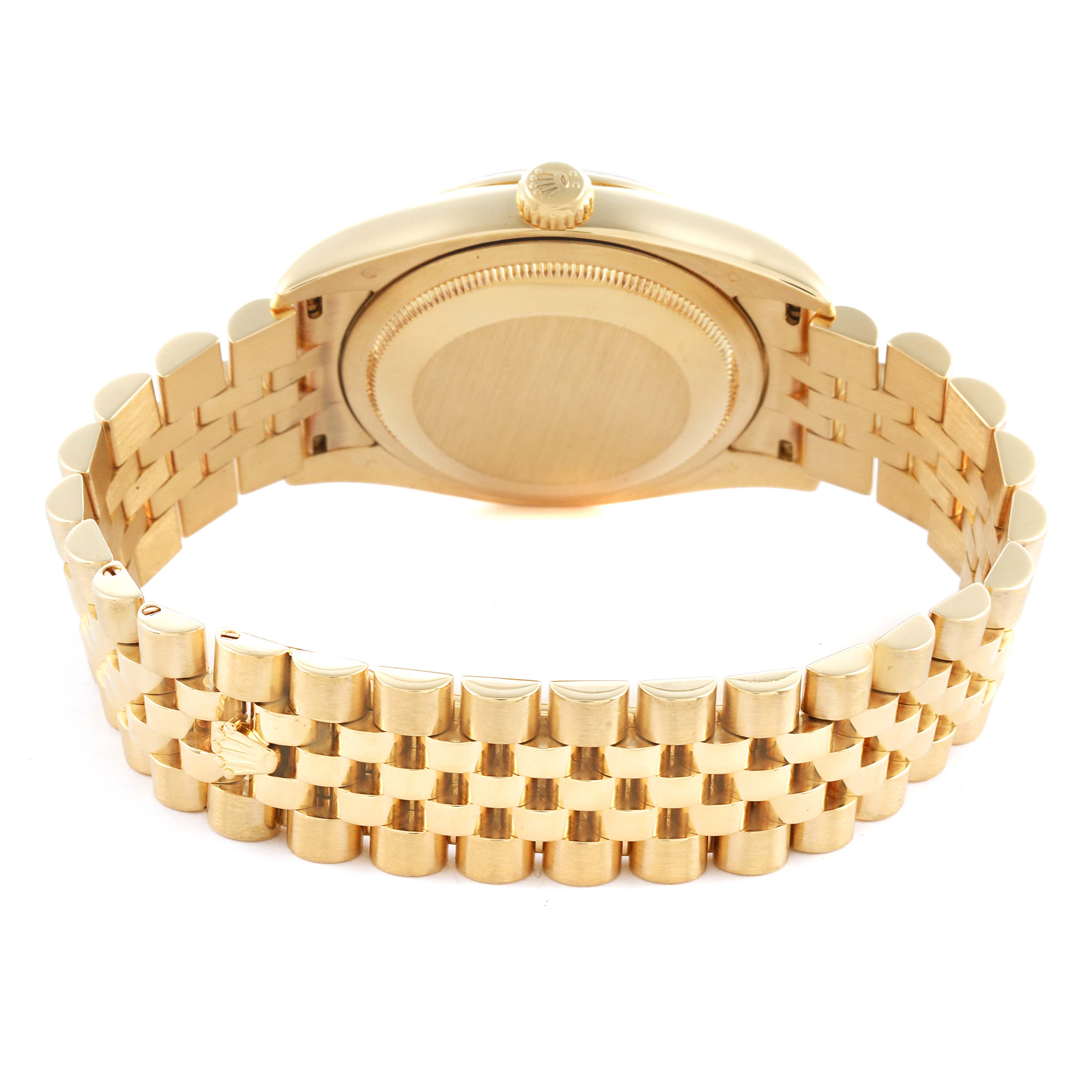 The Rolex Datejust 116238 Men's Yellow Gold Silver Dial 116238 Men's Yellow Gold Silver Dial watch is shown from the back, highlighting the case back and gold bracelet.
