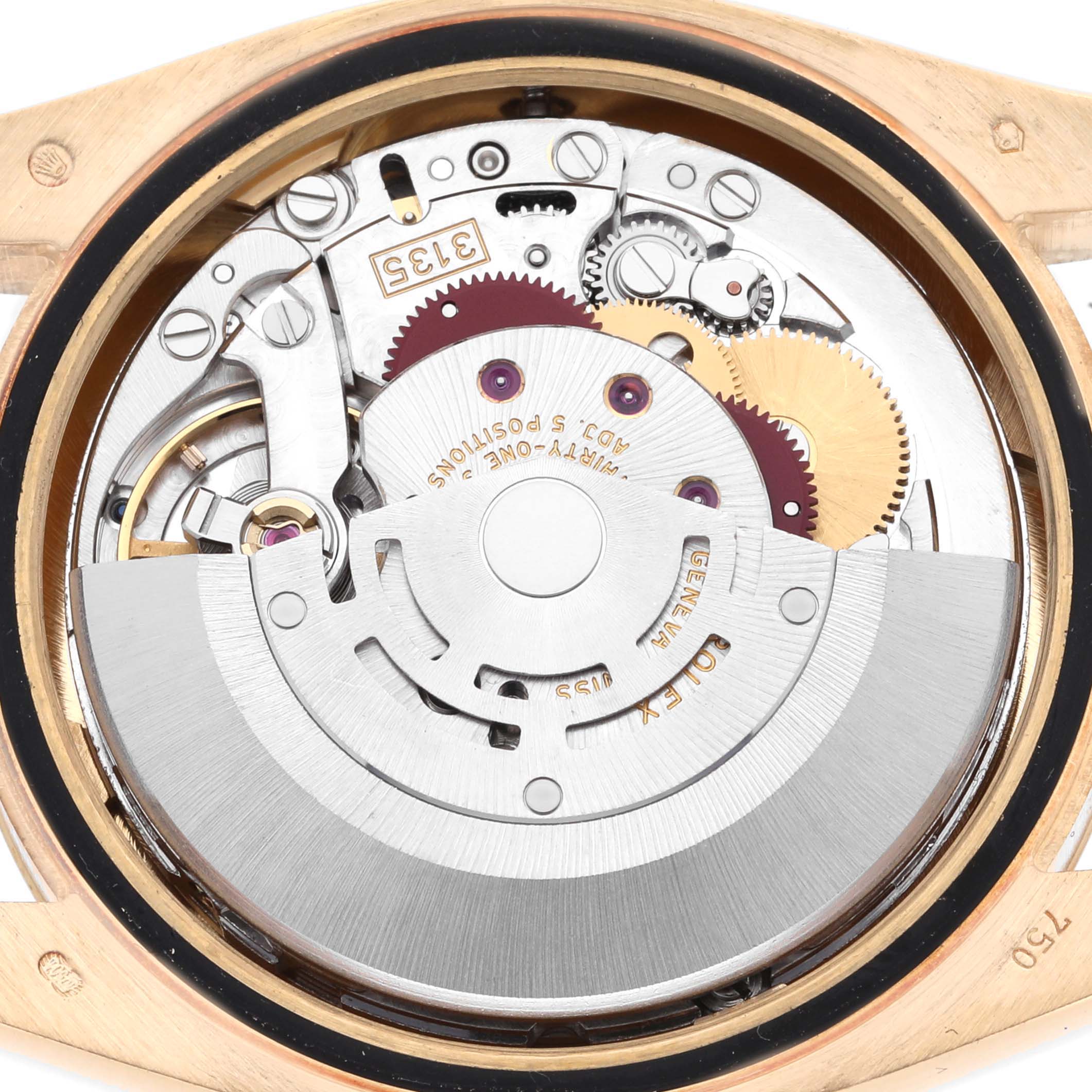 This image shows the movement mechanism of a Rolex Datejust 116238 Men's Yellow Gold Silver Dial 116238 Men's Yellow Gold Silver Dial watch, viewed from the back.