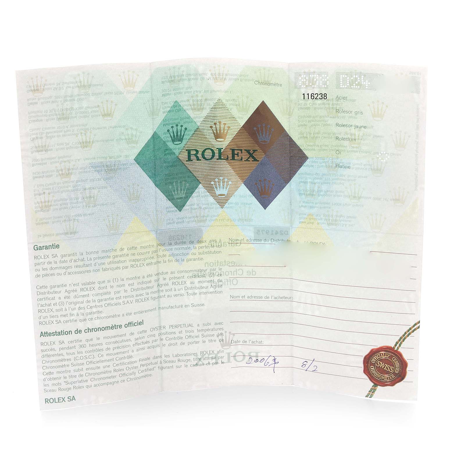 The image shows a warranty card for a Rolex Datejust 116238 Men's Yellow Gold Silver Dial 116238 Men's Yellow Gold Silver Dial watch, featuring brand logos and text.