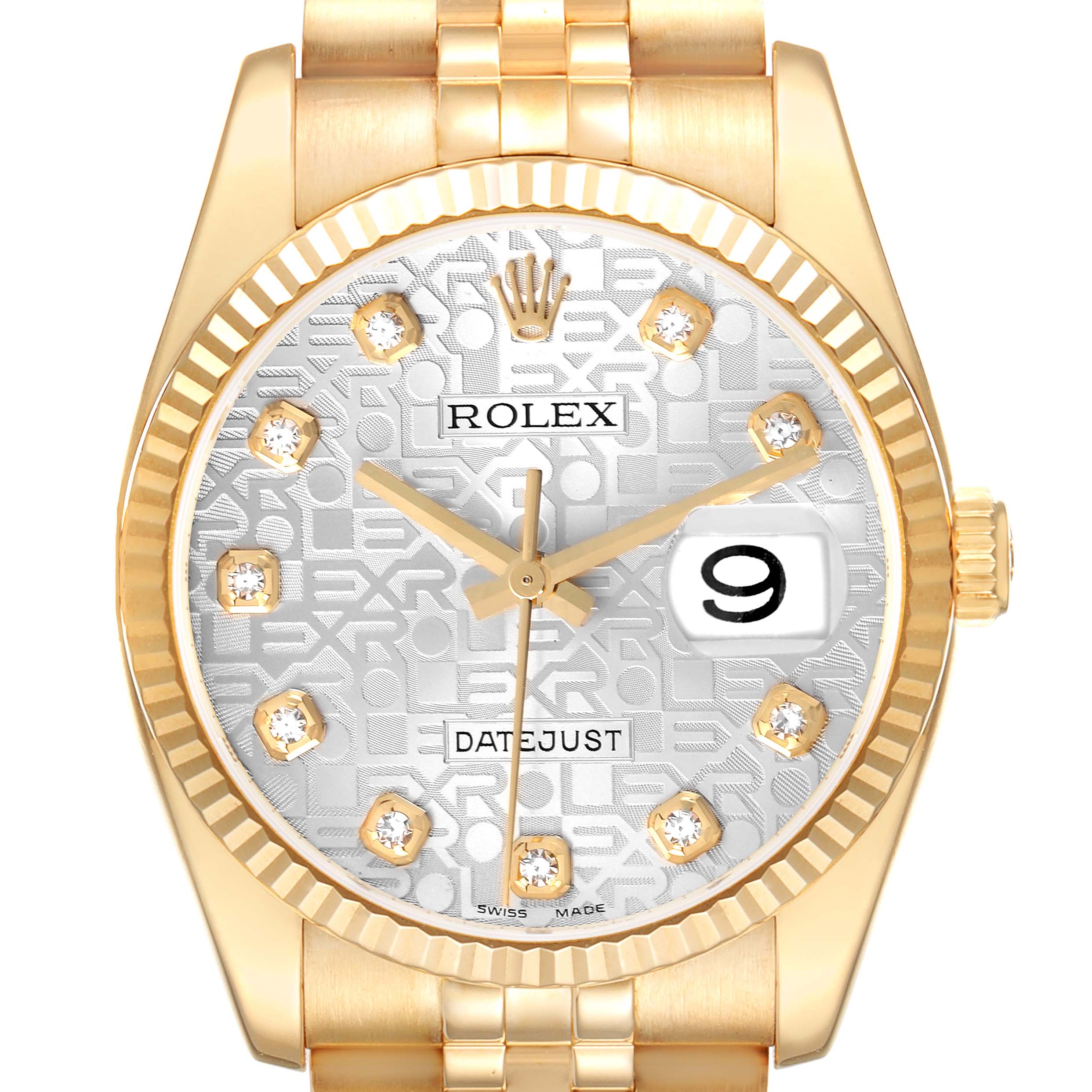 The Rolex Datejust 116238 Men's Yellow Gold Silver Dial 116238 Men's Yellow Gold Silver Dial watch is shown from a front angle, highlighting the dial, case, and part of the bracelet.