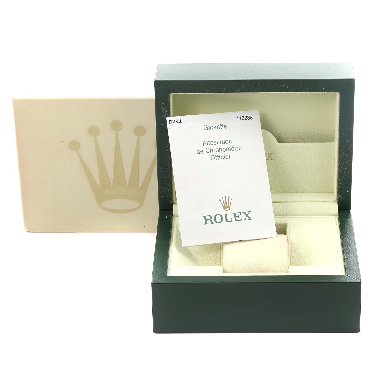 The image shows a Rolex Datejust 116238 Men's Yellow Gold Silver Dial 116238 Men's Yellow Gold Silver Dial box and certificate, viewed from the front, with the lid open.