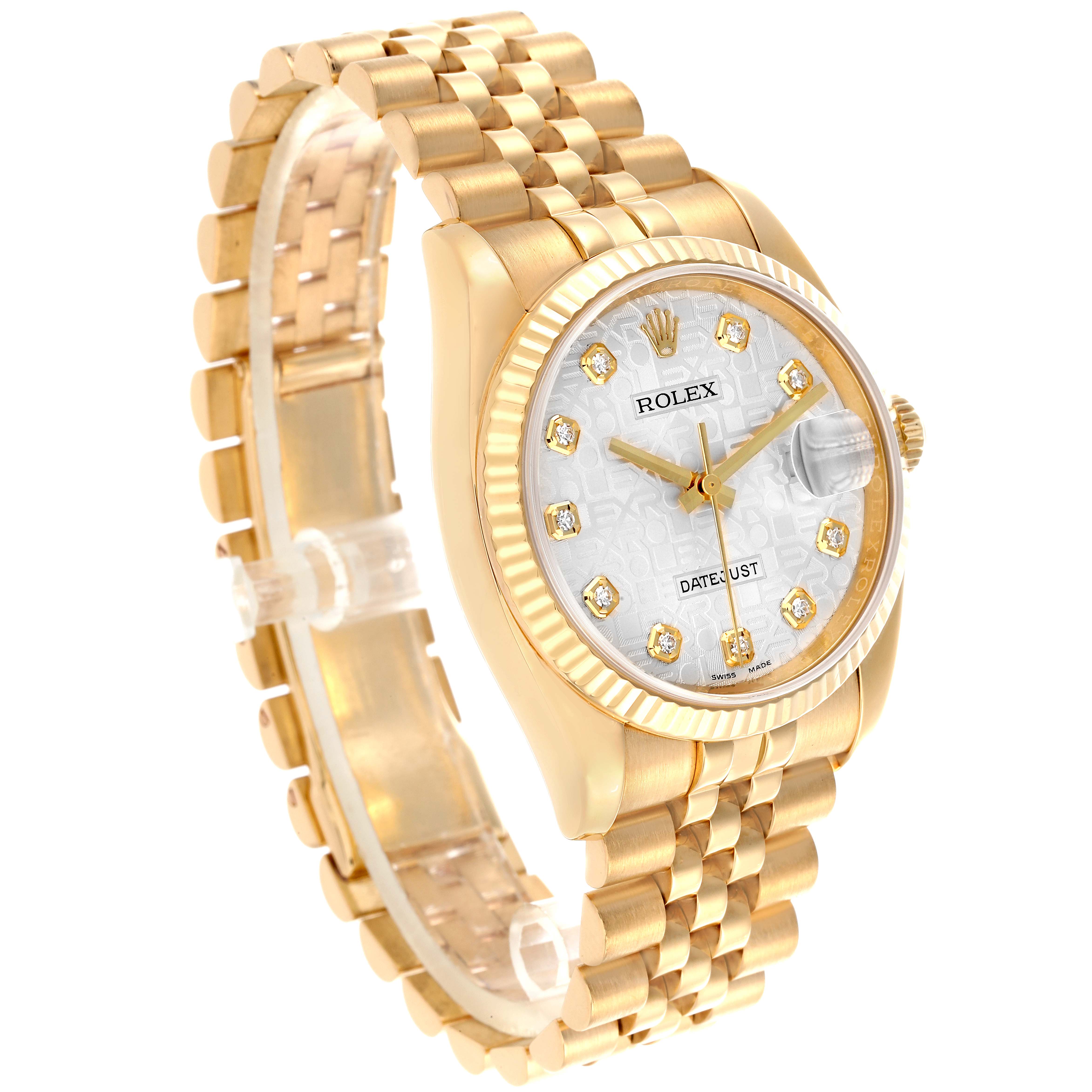 The Rolex Datejust 116238 Men's Yellow Gold Silver Dial 116238 Men's Yellow Gold Silver Dial watch is shown at a three-quarter angle, highlighting the gold bracelet, fluted bezel, and diamond markers.