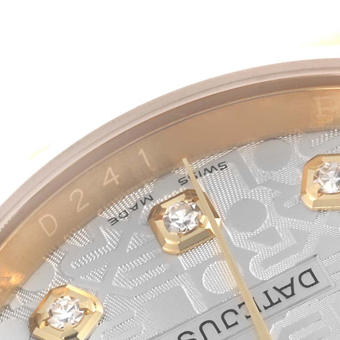 The image shows a close-up of the Rolex Datejust 116238 Men's Yellow Gold Silver Dial 116238 Men's Yellow Gold Silver Dial watch face, highlighting diamond hour markers and part of the dial.