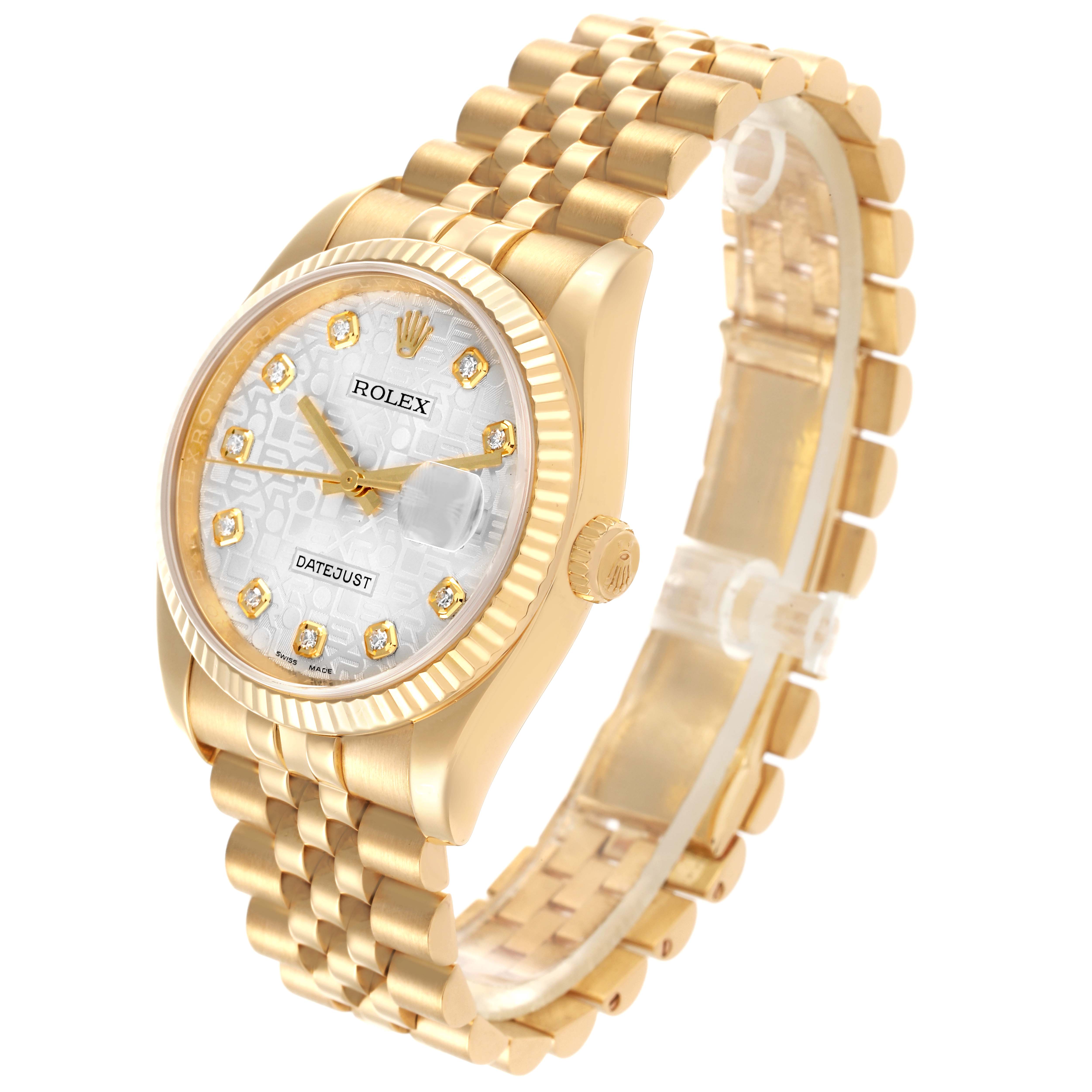 The Rolex Datejust 116238 Men's Yellow Gold Silver Dial 116238 Men's Yellow Gold Silver Dial watch is shown at an angle highlighting the face, bezel, crown, and bracelet.