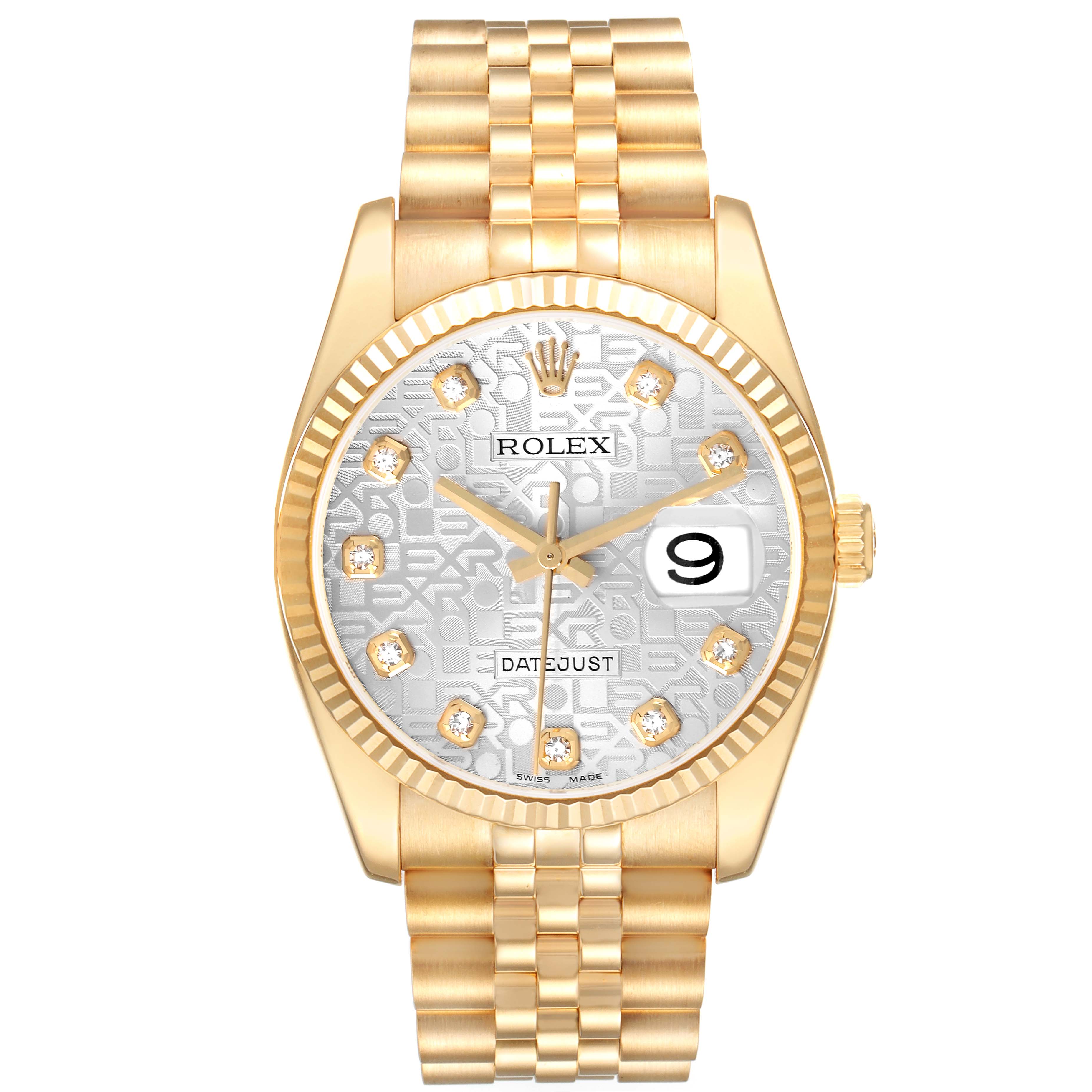 The Rolex Datejust 116238 Men's Yellow Gold Silver Dial 116238 Men's Yellow Gold Silver Dial watch is shown from the front, displaying the face, bezel, crown, and bracelet.