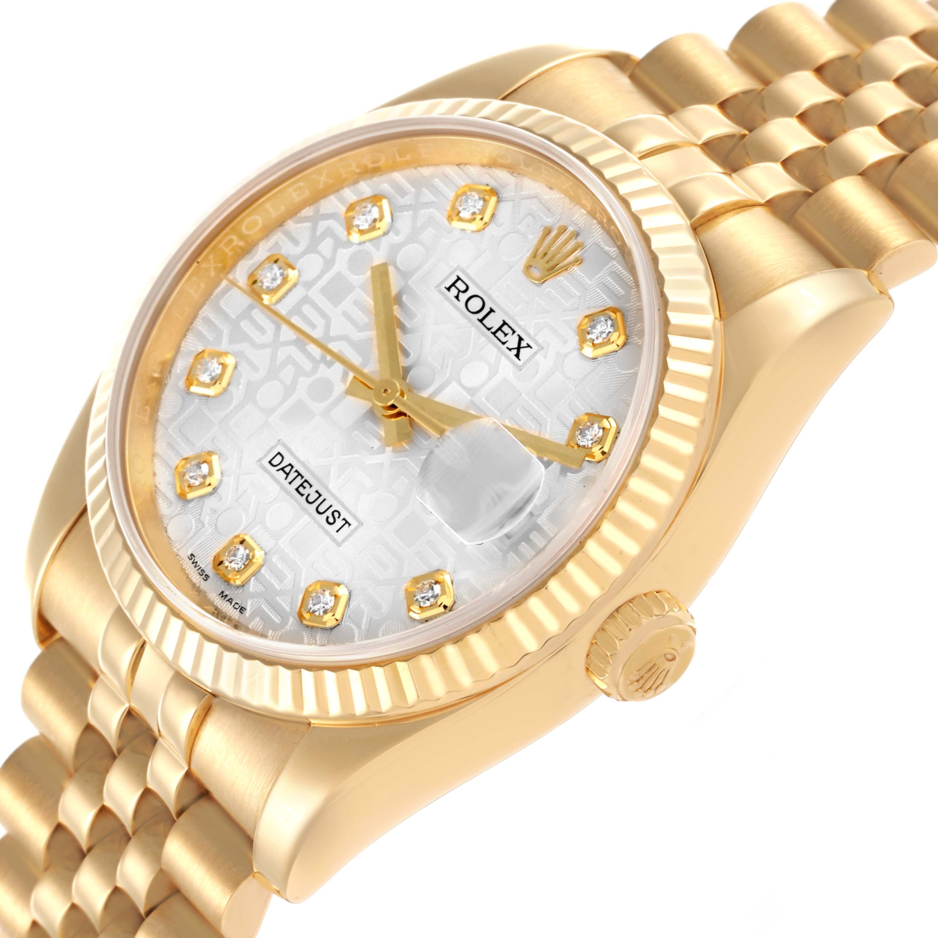The image shows a Rolex Datejust 116238 Men's Yellow Gold Silver Dial 116238 Men's Yellow Gold Silver Dial watch at an angled view, highlighting the dial, bezel, crown, and bracelet.